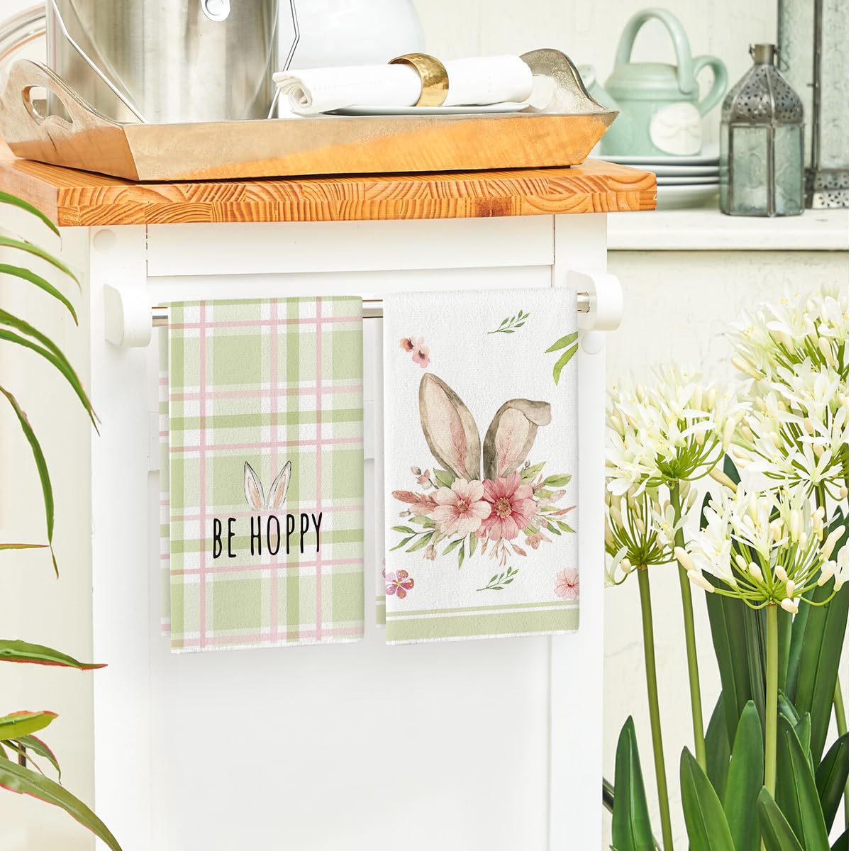 Artoid Mode Pink Bunny Rabbit Ears Floral Leaves Easter Kitchen Towels Dish Towels, 18x26 Inch Be Kind Seasonal Decoration Hand Towels Set of 4