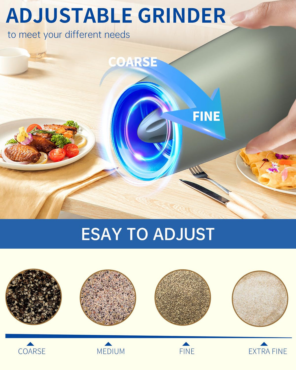 CIRCLE JOY Rechargeable Salt and Pepper Grinder Set Gravity Electric Salt and Pepper Grinder Set, LED Light, Adjustable Coarseness, for Home Kitchen BBQ, Black & White