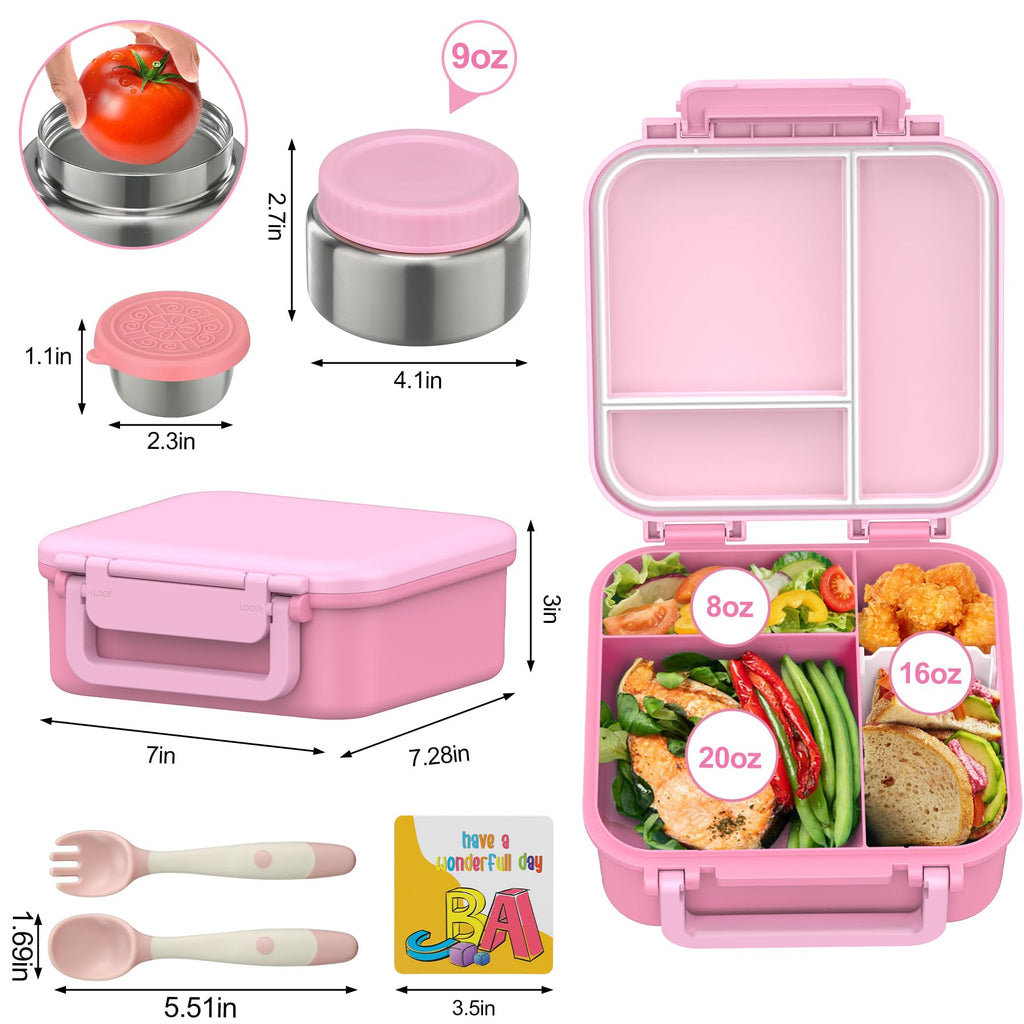 Kids Bento Lunch Box with 9oz Soup Thermo Leakproof Lunch Food Containers 4 Compartment with Insulated Hot Food Jar for Kid Toddler Girls Boys to School Trvael