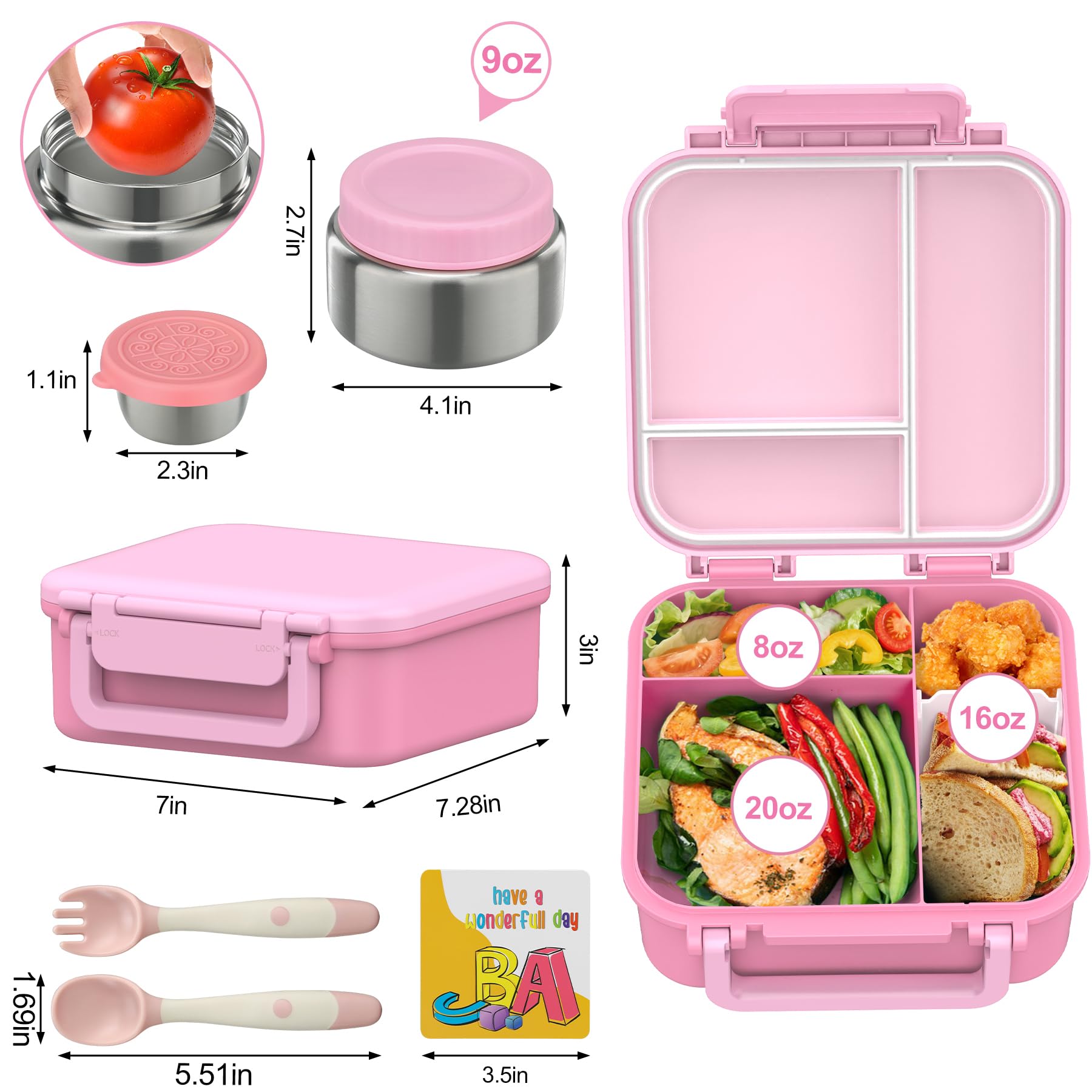 Kids Bento Lunch Box with 9oz Soup Thermo Leakproof Lunch Food Containers 4 Compartment with Insulated Hot Food Jar for Kid Toddler Girls Boys to School Trvael