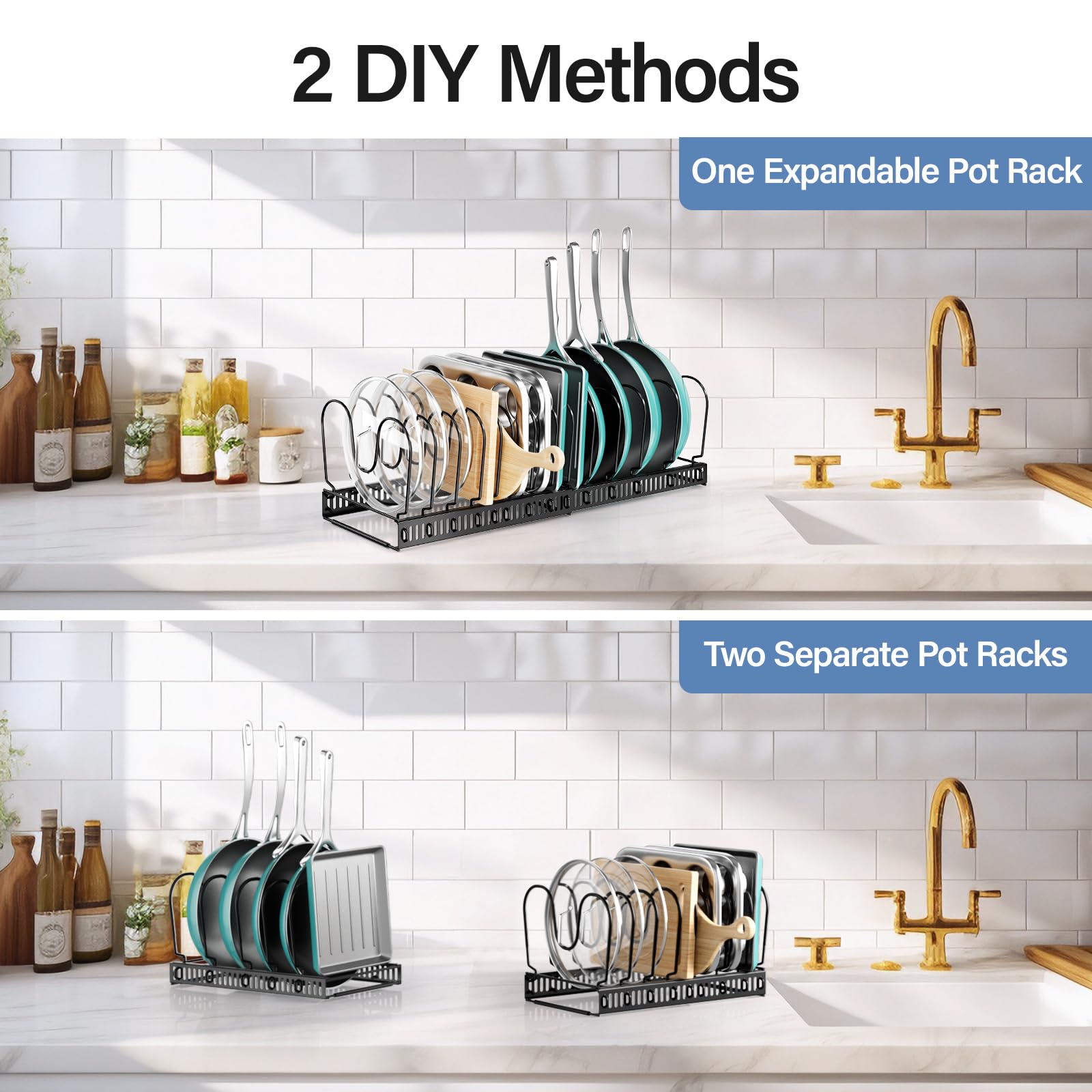 ORDORA Pots and Pans Organizer under Cabinet with Pot Lid Organizer, Expandable Rack for Pan and Pot Organizers Inside Cabinet, 12"-23" Adjustable with 10 Dividers for Kitchen Organization, Black