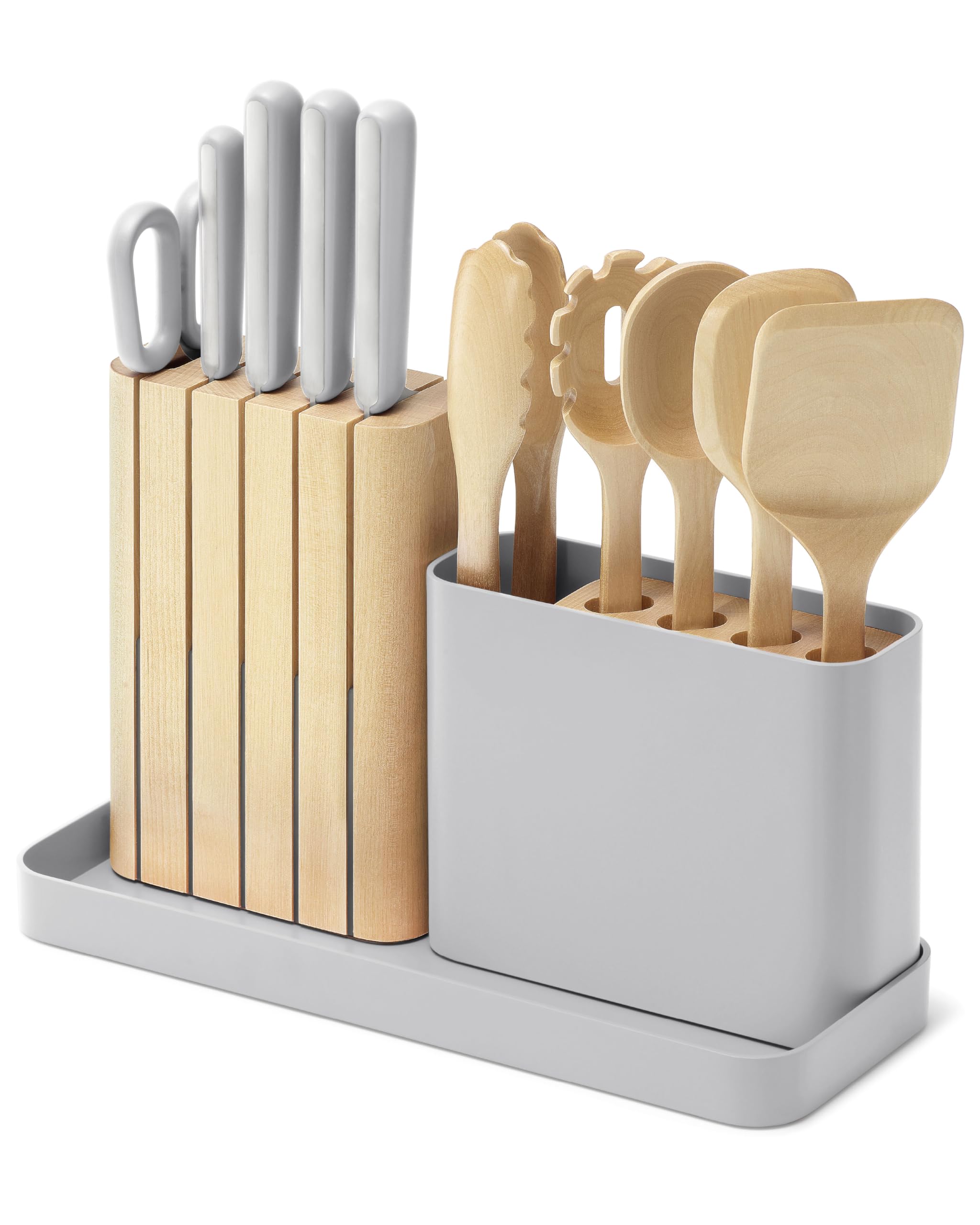 Caraway 14-Piece Kitchen Prep Set - Kitchen Knife Set & Wooden Utensil Set - Made With Premium German Steel Blades & FSC-Certified Birch Wood - Non-Toxic Materials - Includes Organizer - Cream