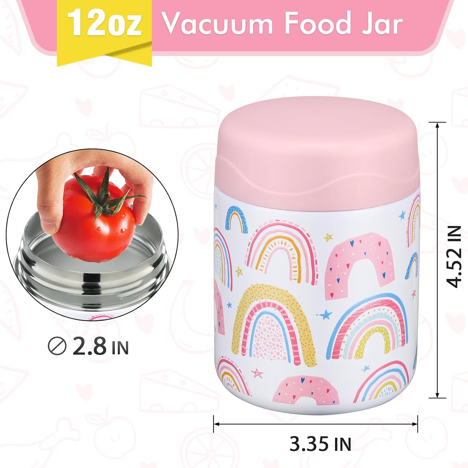 12oz Soup Thermo for Hot Food Kids Insulated Food Jar Wide Mouth Lunch Container Leak Proof Stainless Steel Vacuum Bento Box for School Office Travel Outdoors White-Rainbow