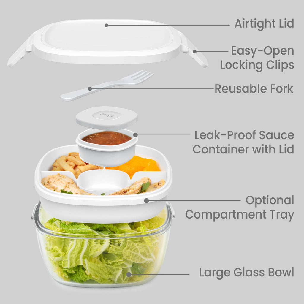 Bentgo Glass Salad Container - 7.6-Cup Salad Bowl with Airtight Lid, Leak-Proof Sauce Container, 4-Compartment Bento Tray & Reusable Fork - BPA-Free for Meal Prep, Office & More (Lavender)