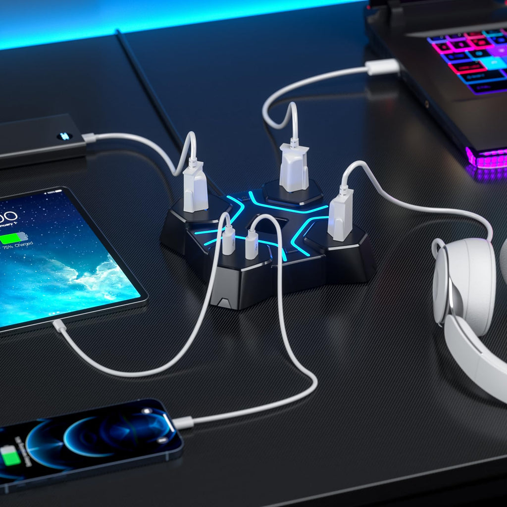 KDD Headphone Stand with USB Charger, Controller Stand for Desk, Headphone Holder with 2 USB Charging Ports and 3 AC Outlets, Accessories for Desktop(Black)