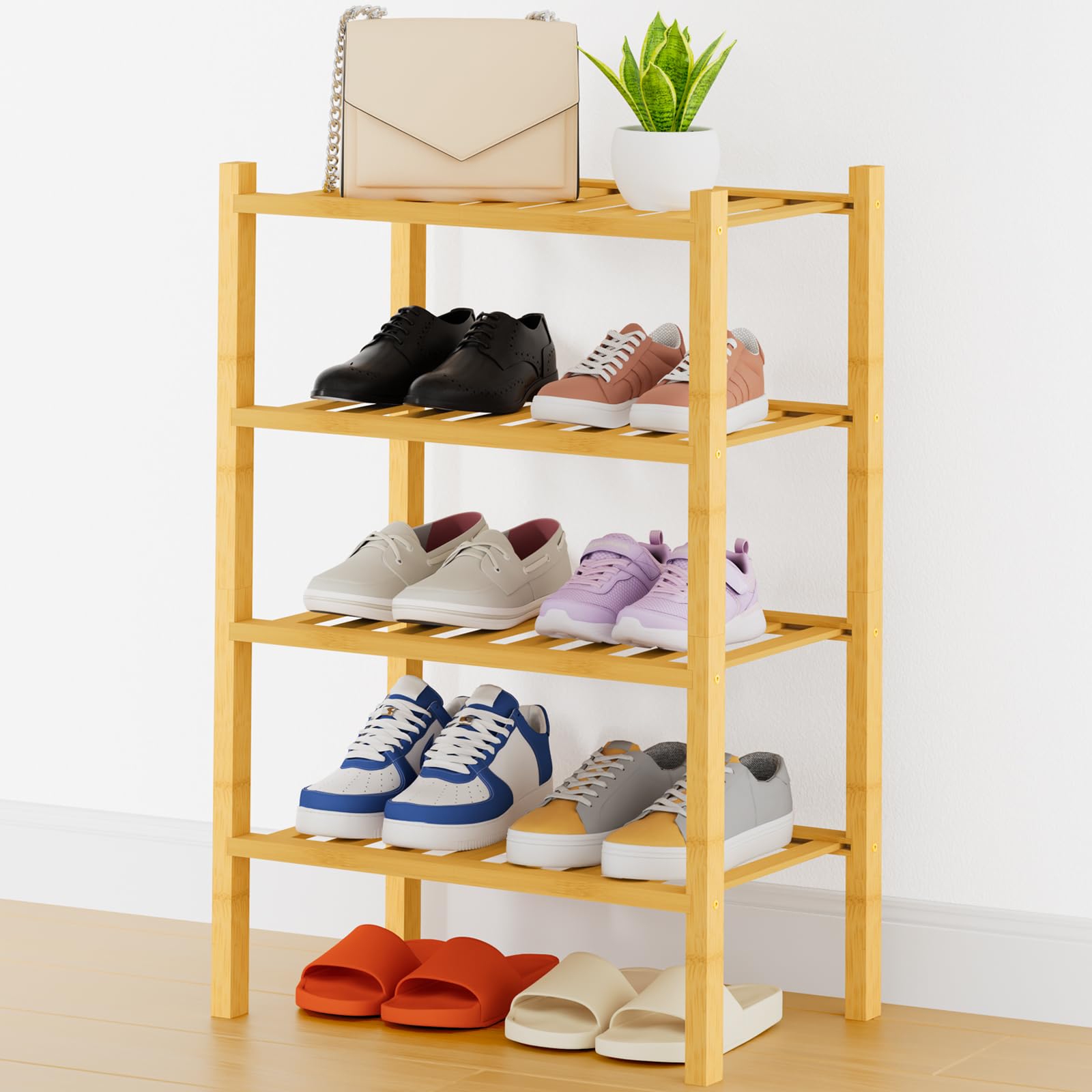 Smiry Shoe Rack, 3 Tier Bamboo Shoe Organizer, Stackable Free Standing Wooden Shoe Storage Shelf for Closet, Entryway, Front Door Entrance, Natural