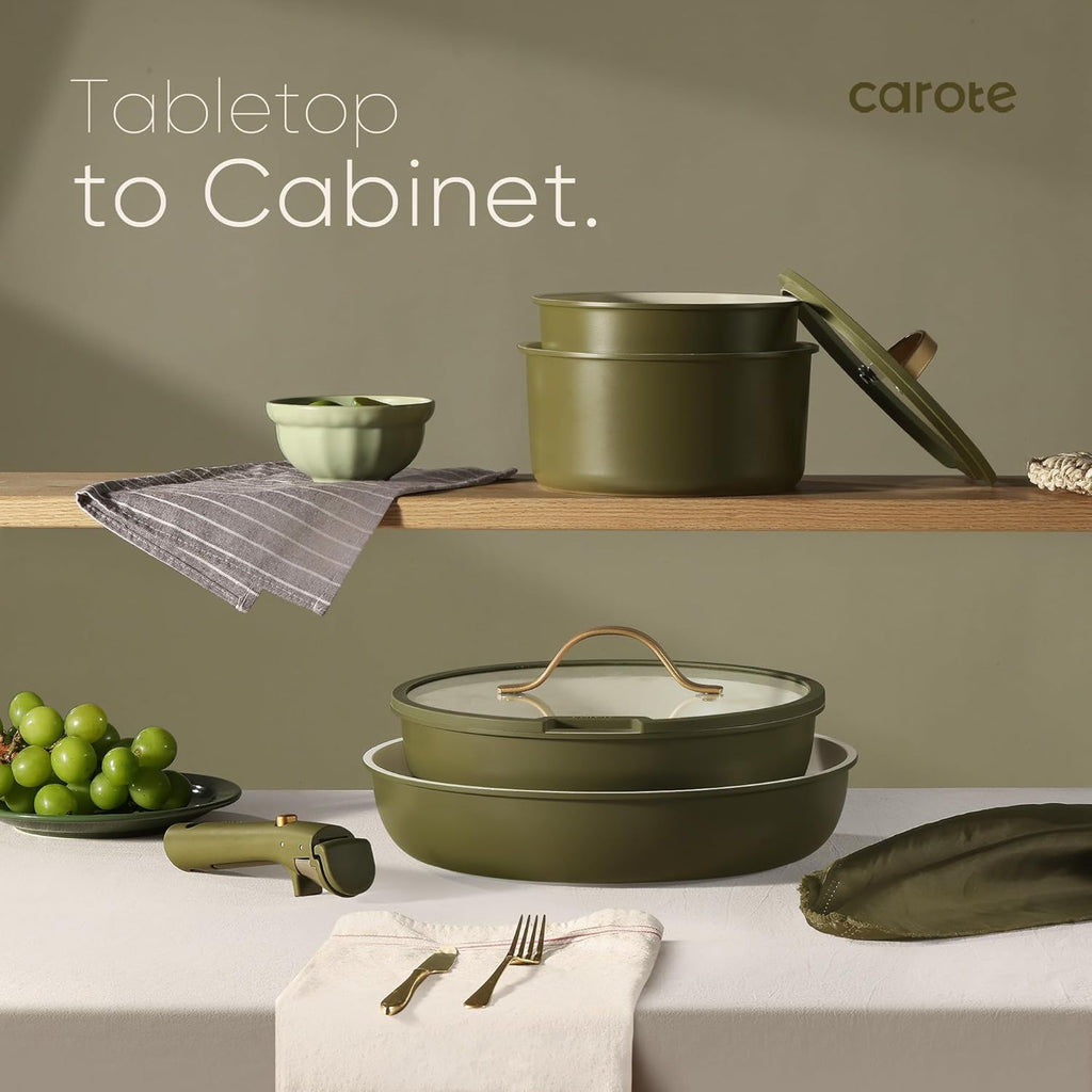 CAROTE 19pcs Pots and Pans Set, Nonstick Cookware Set Detachable Handle, Induction Kitchen Cookware Sets Non Stick with Removable Handle, RV Cookware Set, Gold and Green