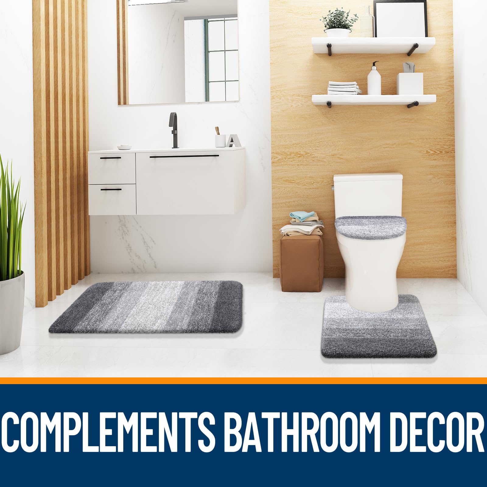 OLANLY Bathroom Rugs Sets 3 Piece, Soft Microfiber Absorbent Bath Mat, U-Shaped Contour Toilet Mat and Toilet Lid Cover, Quick Dry, Machine Washable, Toilet Cover and Rug Set for Bathroom, Grey