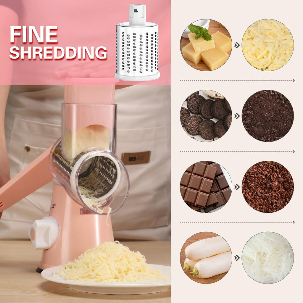 Cambom 5 in 1 Rotary Cheese Grater Hand Crank Cheese Shredder for Fresh Cheese, Vegetable, Nuts,Non-slip Suction Base, Black