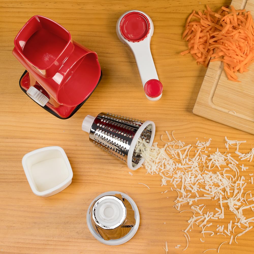 KEOUKE Rotary Cheese Grater Hand Crank Transparent - Shredder Slicer Grinder 3 Stainless Steel Blades, Stable Suction, Labor-Saving Handle, Safe Kitchen Tool for Cheese, Vegetable, Nuts, Chocolate