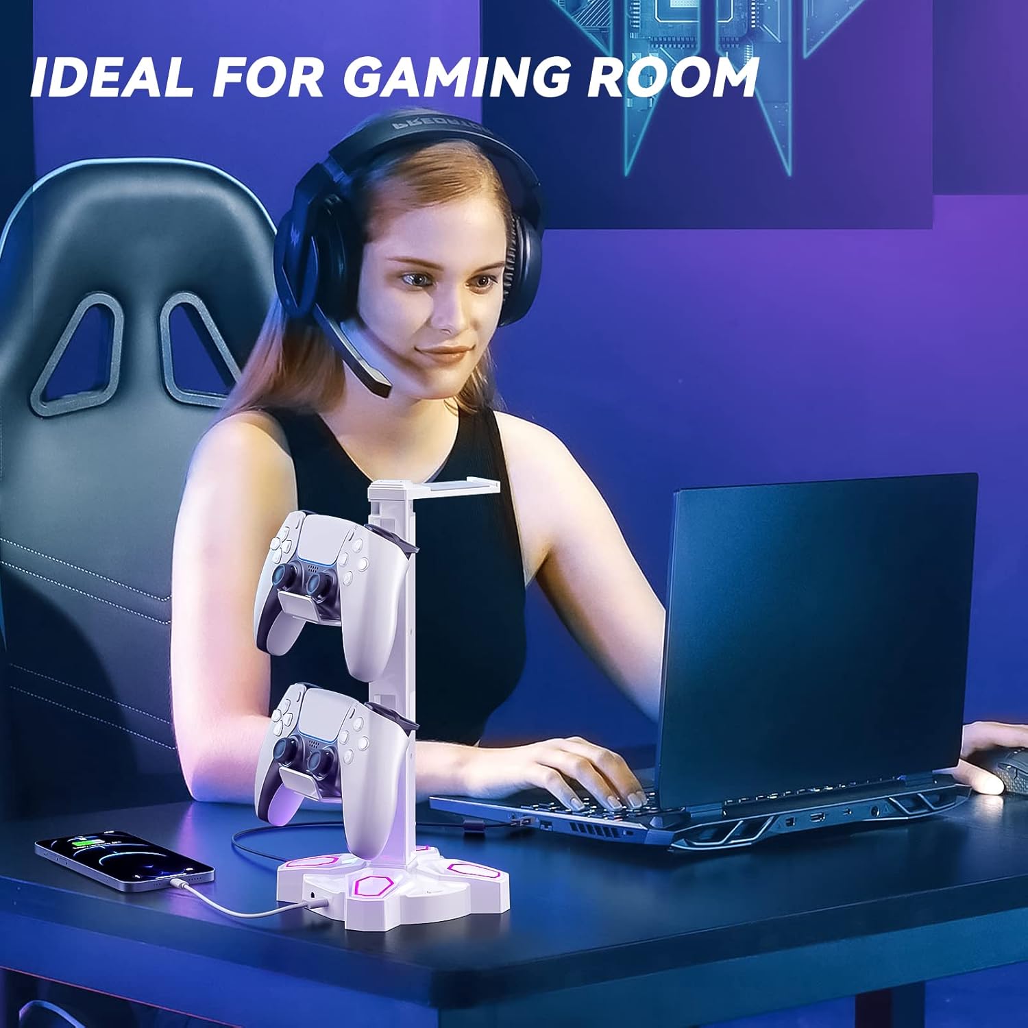 KDD Gaming RGB Headphones Stand, Rotatable Headset Stand with 9 Light Modes - Controller Holder with 2 USB Charging Ports and 3.5mm - Earphone Hanger Accessories for Desktop Gamer
