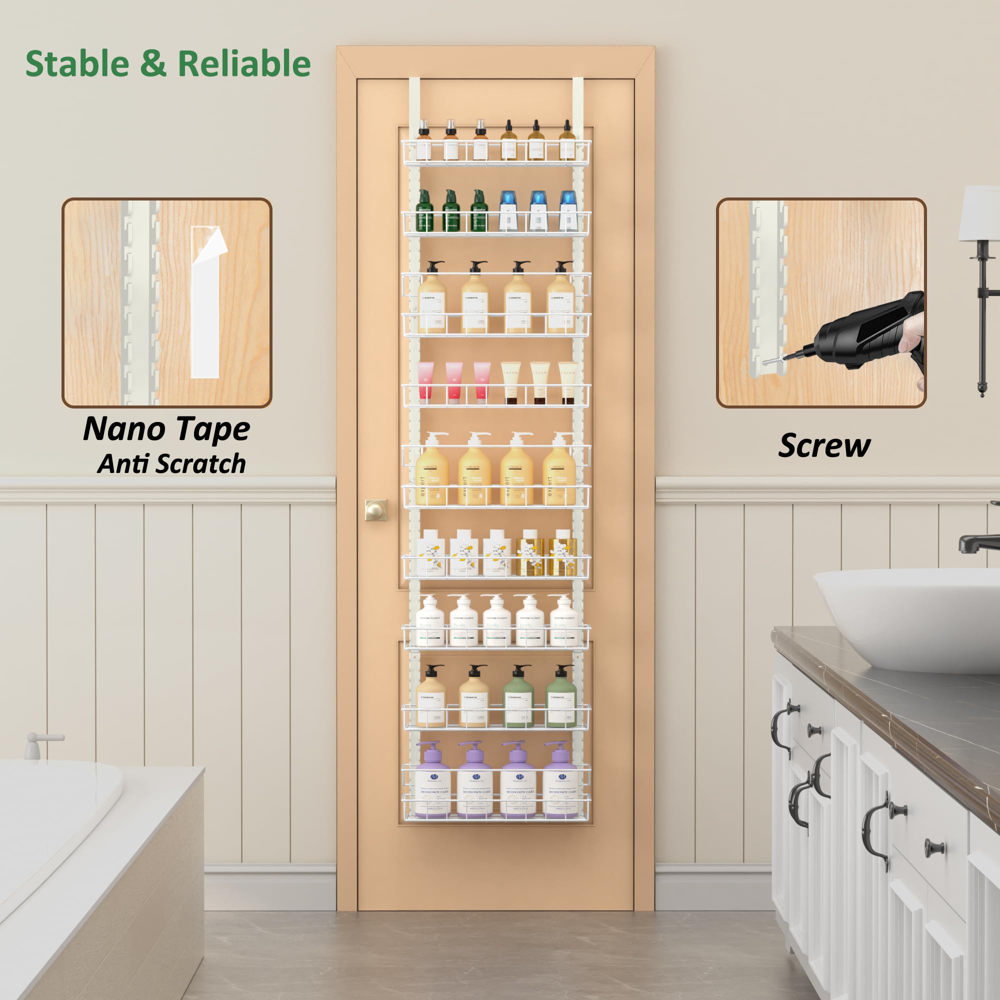 Churboro Over the Door Pantry Organizer Rack with 9 Adjustable Baskets, 9 Tiers Dual-use Hanging or Wall Mount Spice Rack Organizer, Black