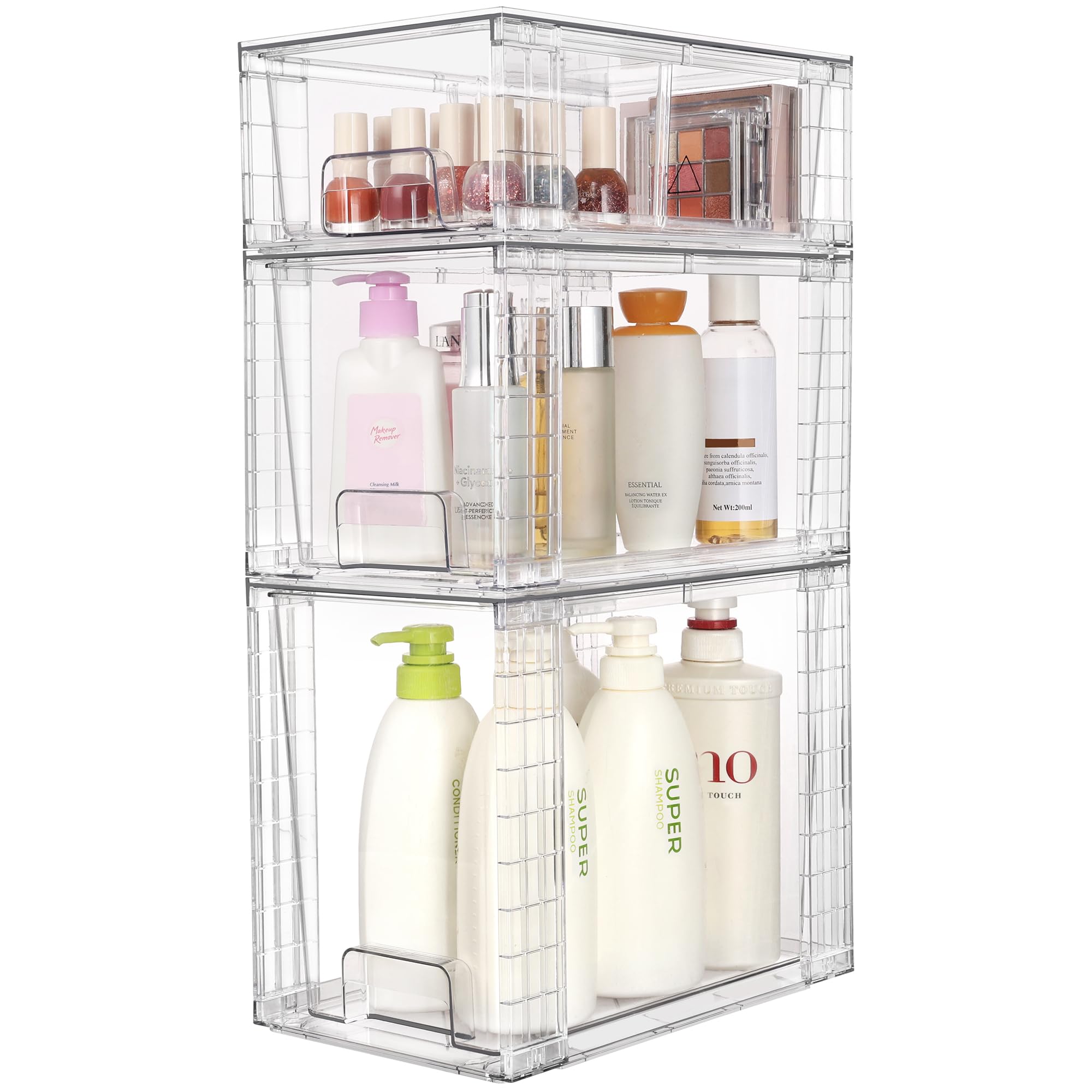 Vtopmart 3 Pack Stackable Storage Drawers, Easily Assemble Acrylic Bathroom Undersink Organizers,Clear Plastic Storage Bins for Closet,Cabinet,Pantry,Medicine Organization