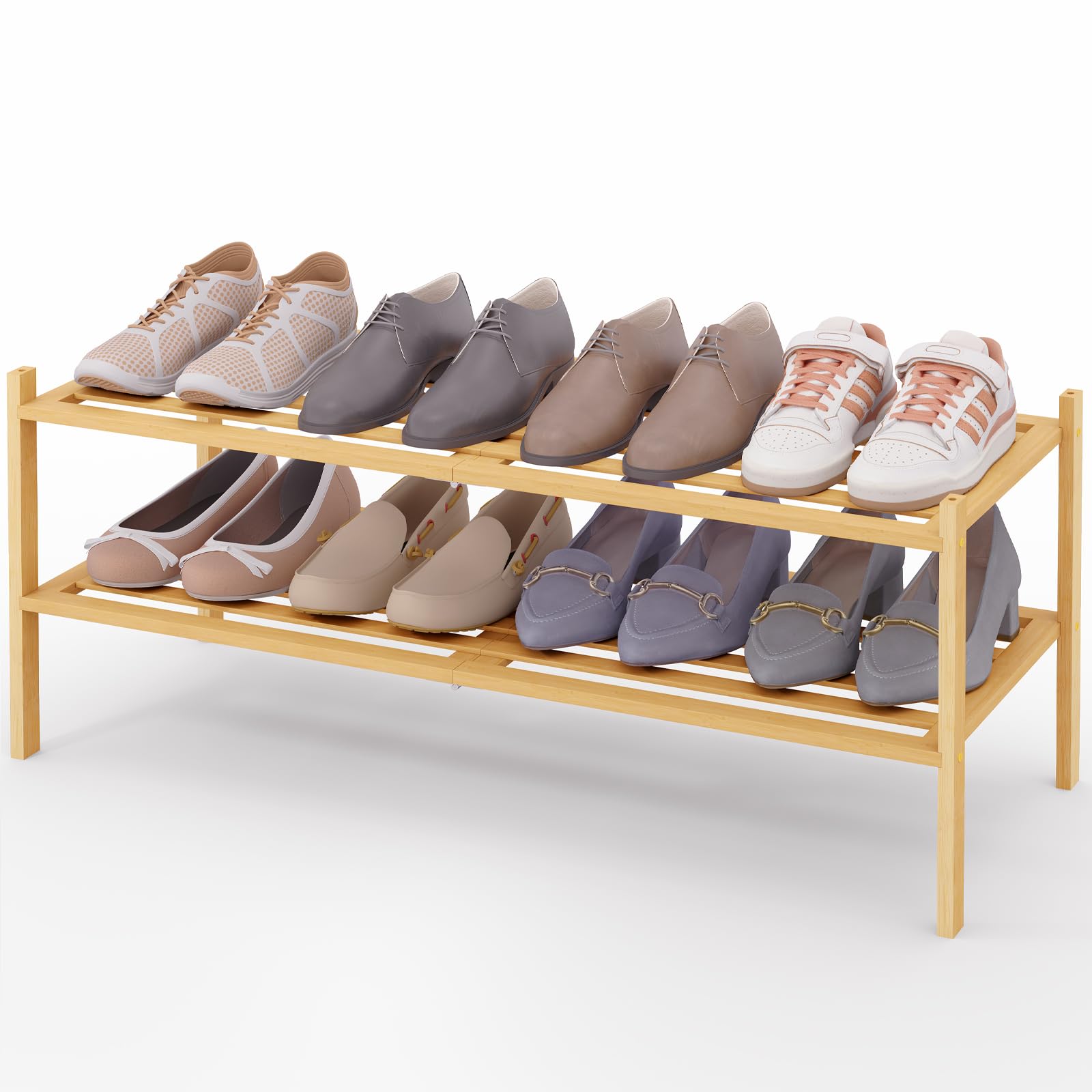 Smiry Bamboo Shoe Rack 3-Tier, Stackable Wooden Shoe Organizer for Entryway & Closet, Free Standing Wood Shoe Storage Shelf for Front Door & Small Spaces, Natural