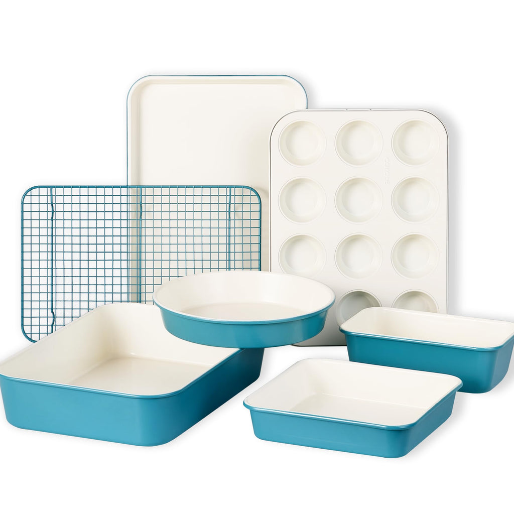 CAROTE 6-Piece Nonstick Ceramic Baking Pans Set - Bakeware Sets Including Cookie Sheets for Baking, Muffin Pan, Bread Pan, Cake pan, Loaf Pan, Cooling Rack, Light Blue & Cream White