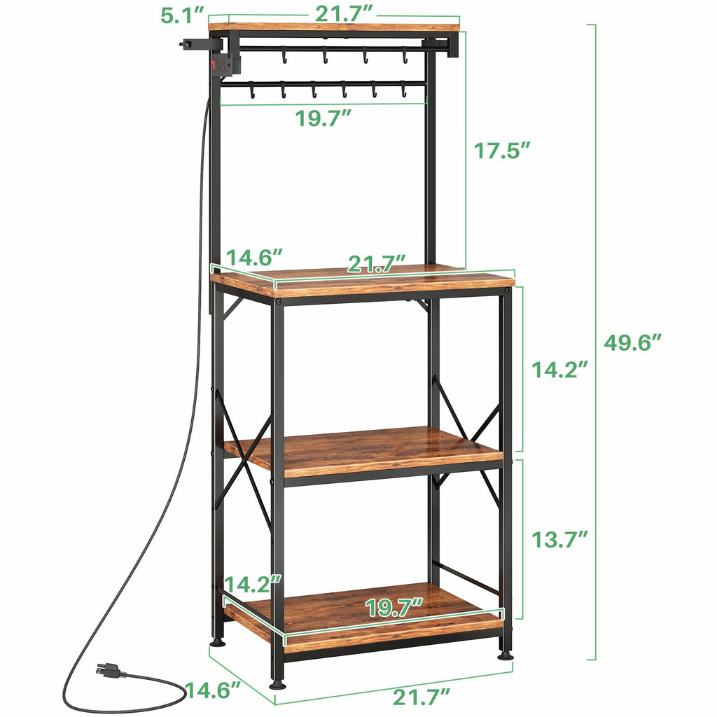 SNTD Bakers Rack with Power Outlet, Kitchen Shelves Microwave Stand with Wire Grid and 10 Hooks, 4 Tiers Coffee Stand (Rustic Brown, 23.5 x 15.6 x 52.8 Inches)