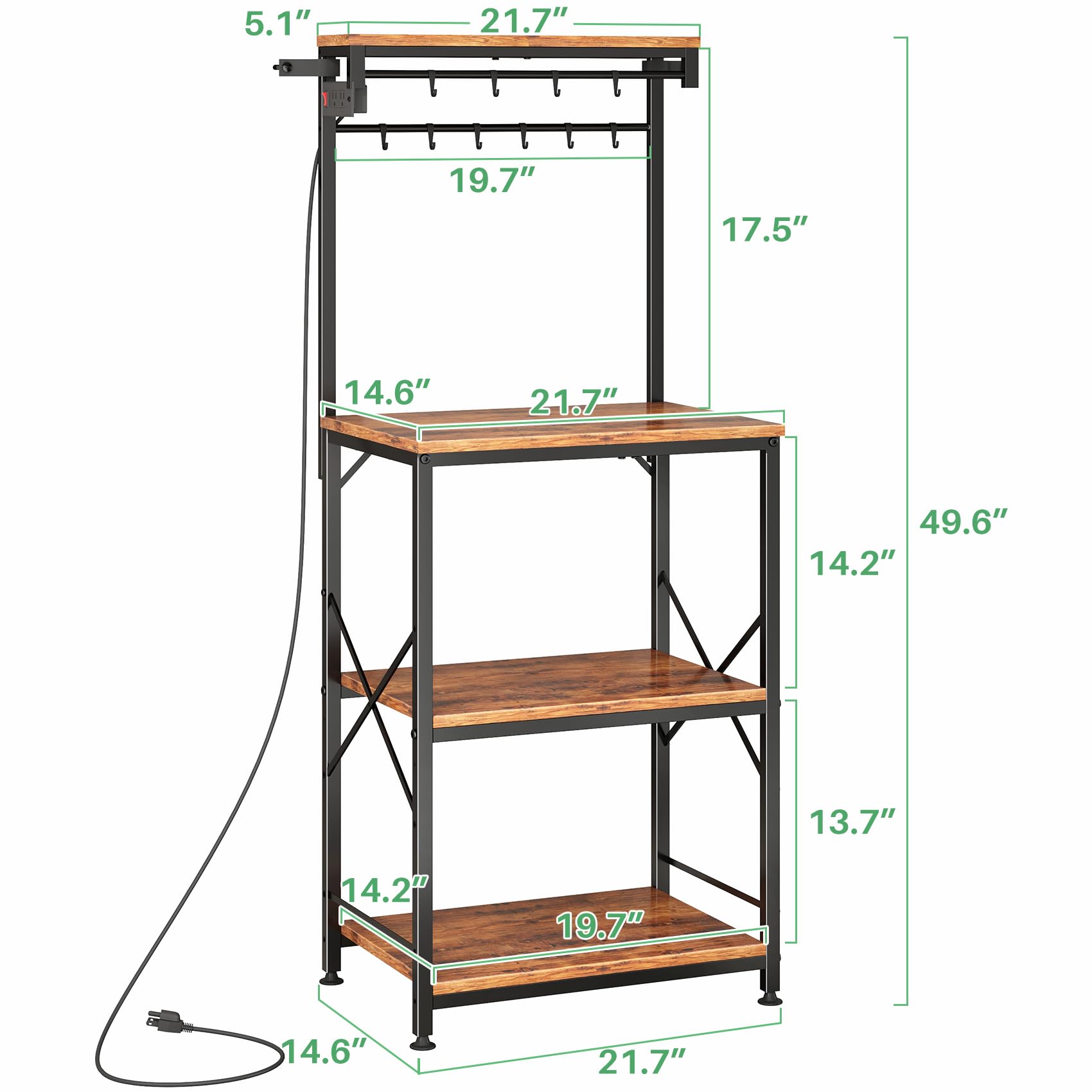 SNTD Bakers Rack with Power Outlet, Kitchen Shelves Microwave Stand with Wire Grid and 10 Hooks, 4 Tiers Coffee Stand (Rustic Brown, 23.5 x 15.6 x 52.8 Inches)
