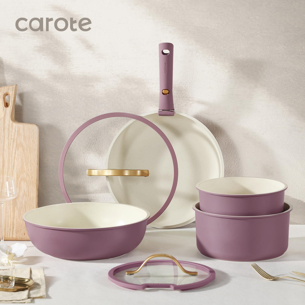 CAROTE Ceramic Pots and Pans Set Non Stick, Nonstick Kitchen Cookware Sets with Lid, Detachable Handle Sauté Pan Set, Non Toxic Frying Pan, Oven Safe, Induction Ready, Cream White