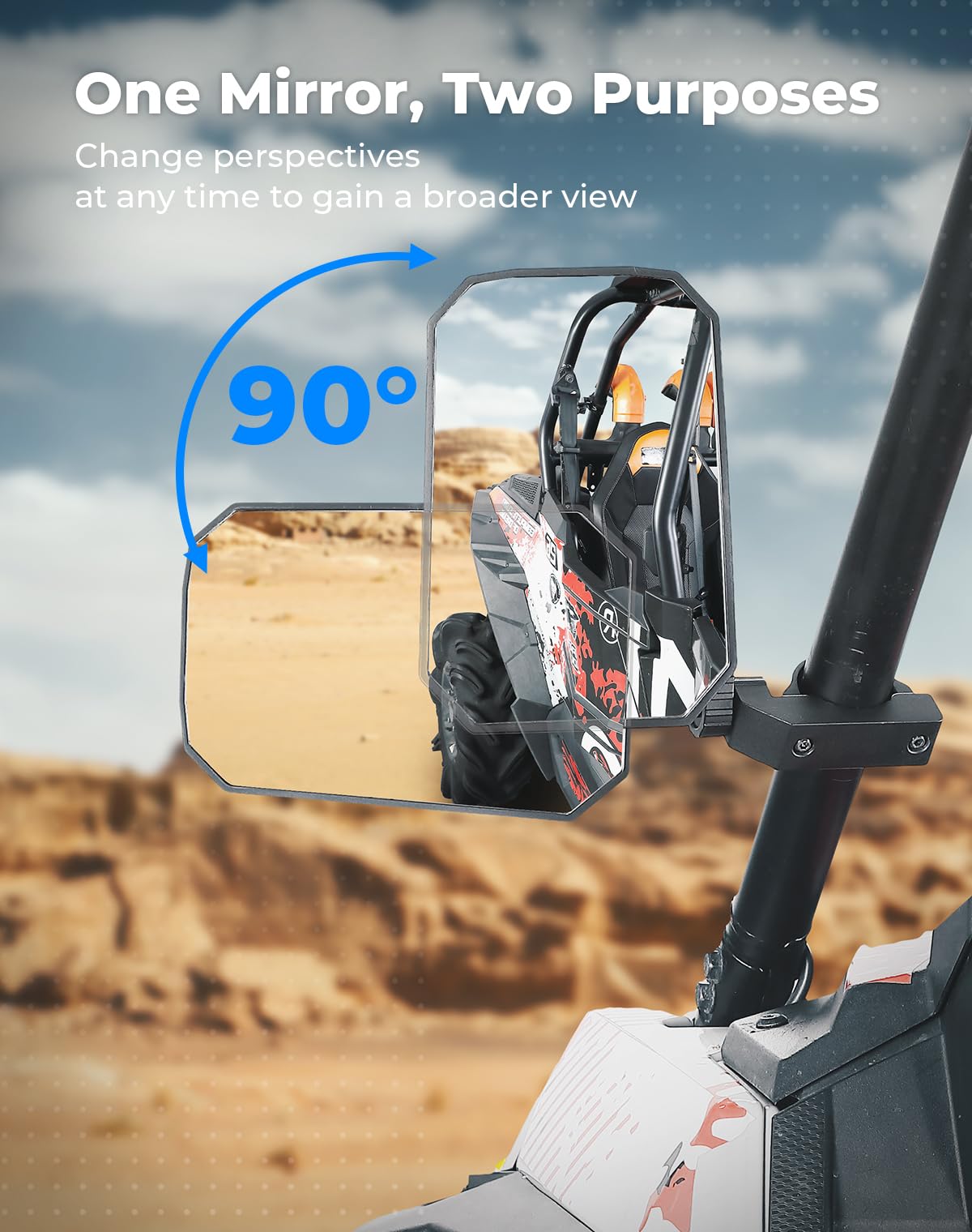 KEMIMOTO UTV Side Mirrors, 2025 New Pattern Aluminum 8" x 5.3" Wide View for 1.65-2 inch Roll bar Compatible with Polaris RZR/Can Am X3/Pioneer/Talon/Teryx/CFMOTO Fit Big UTV No Vibrate & Wobble