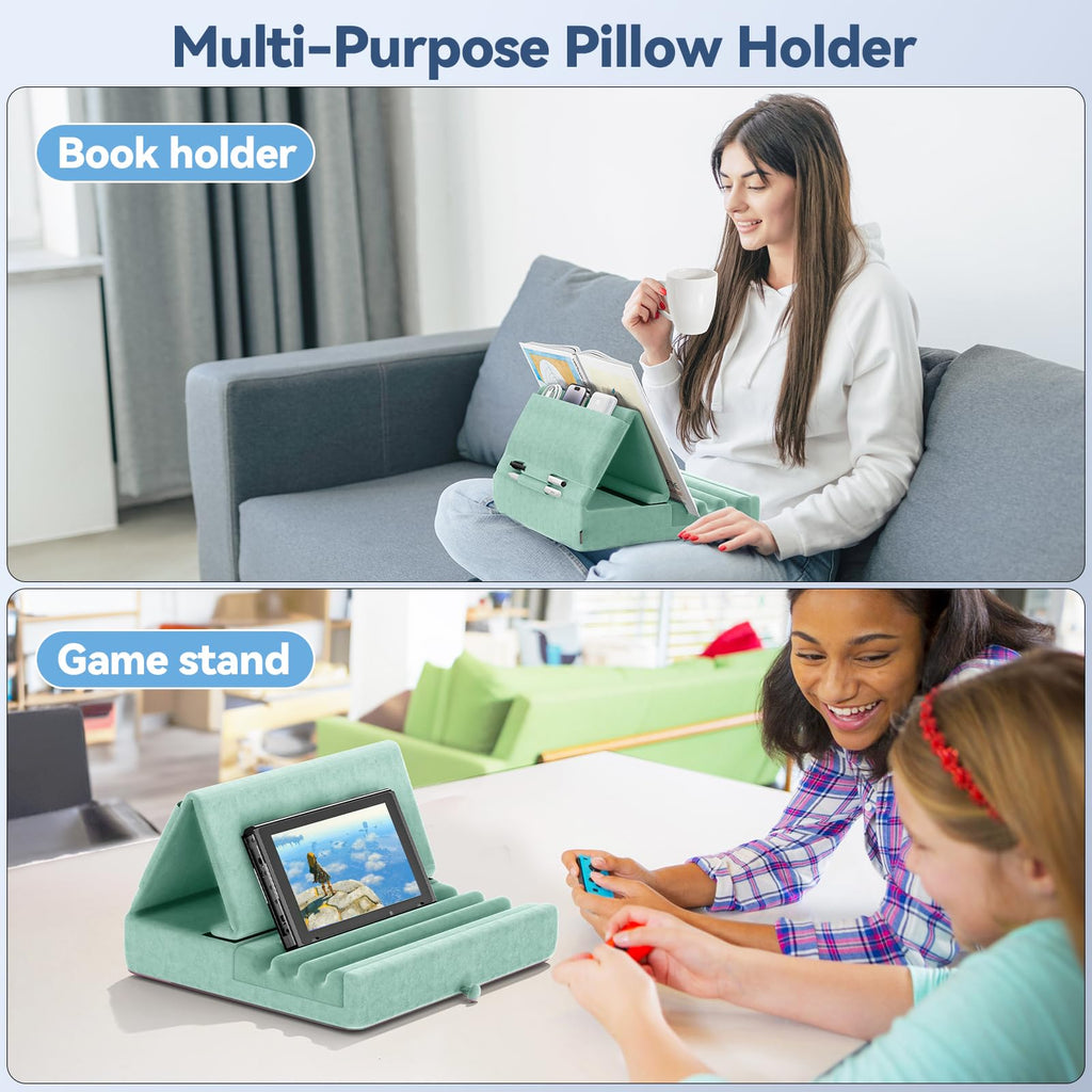 KDD Tablet Pillow Holder, Foldable iPad Stand for Lap, Bed and Desk -Tablet Soft Pad Dock with Pocket & Stylus Mount Compatible with iPad Pro 12.9, 10.5, 9.7 Air Mini 6 5 4 3, Galaxy Tab,E-Reader