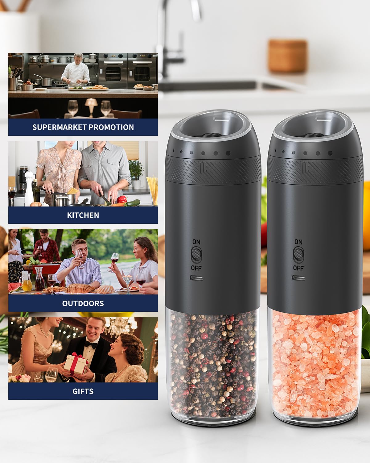 CIRCLE JOY Rechargeable Salt and Pepper Grinder Set Gravity Electric Salt and Pepper Grinder Set, LED Light, Adjustable Coarseness, for Home Kitchen BBQ, Black & White