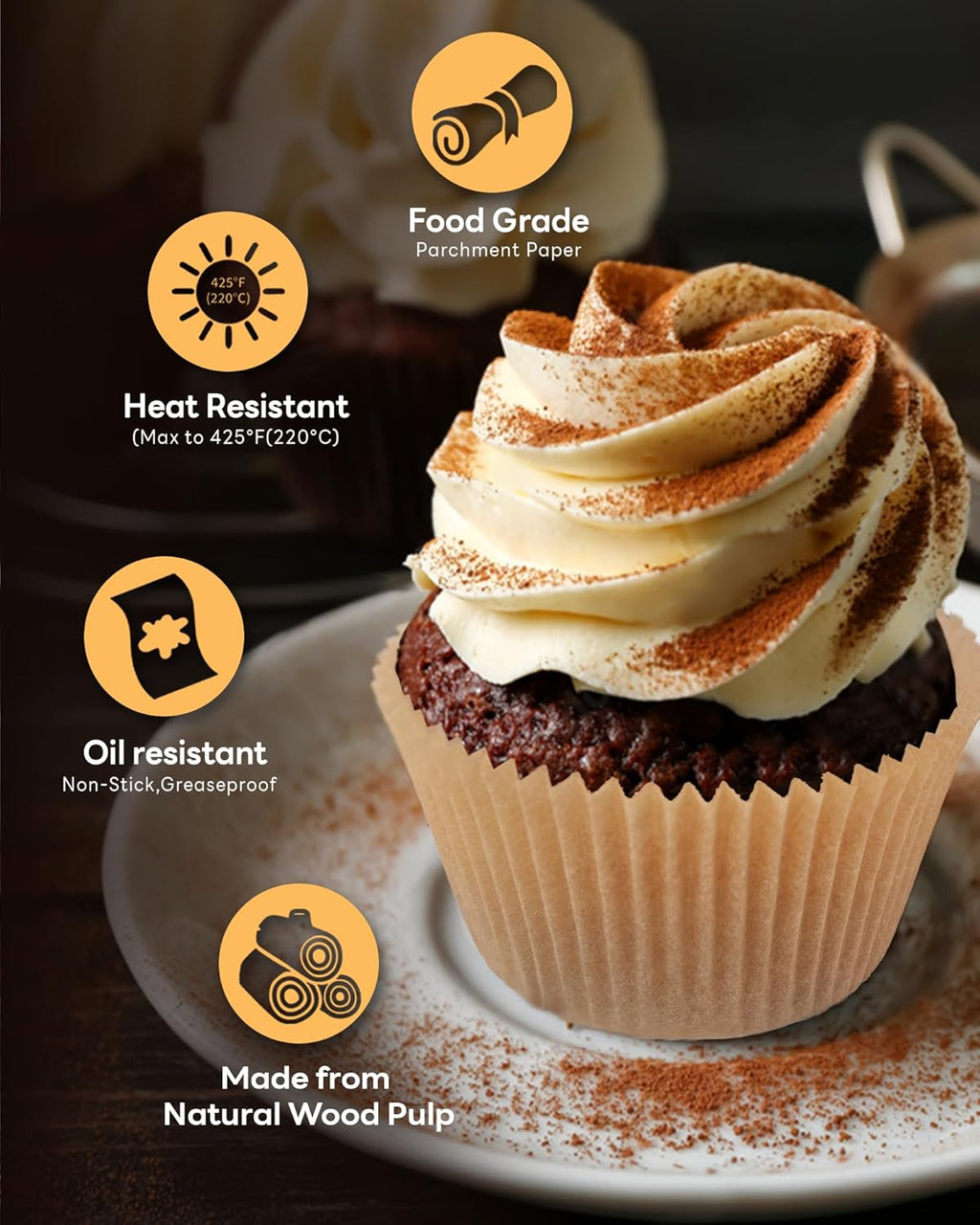 100pcs Jumbo Cupcake Liners for Baking, Natural Jumbo Muffin Liners, Unbleached, Greaseproof Parchment Paper, Cupcake Wrapper for Party, Wedding, Birthday, Christmas