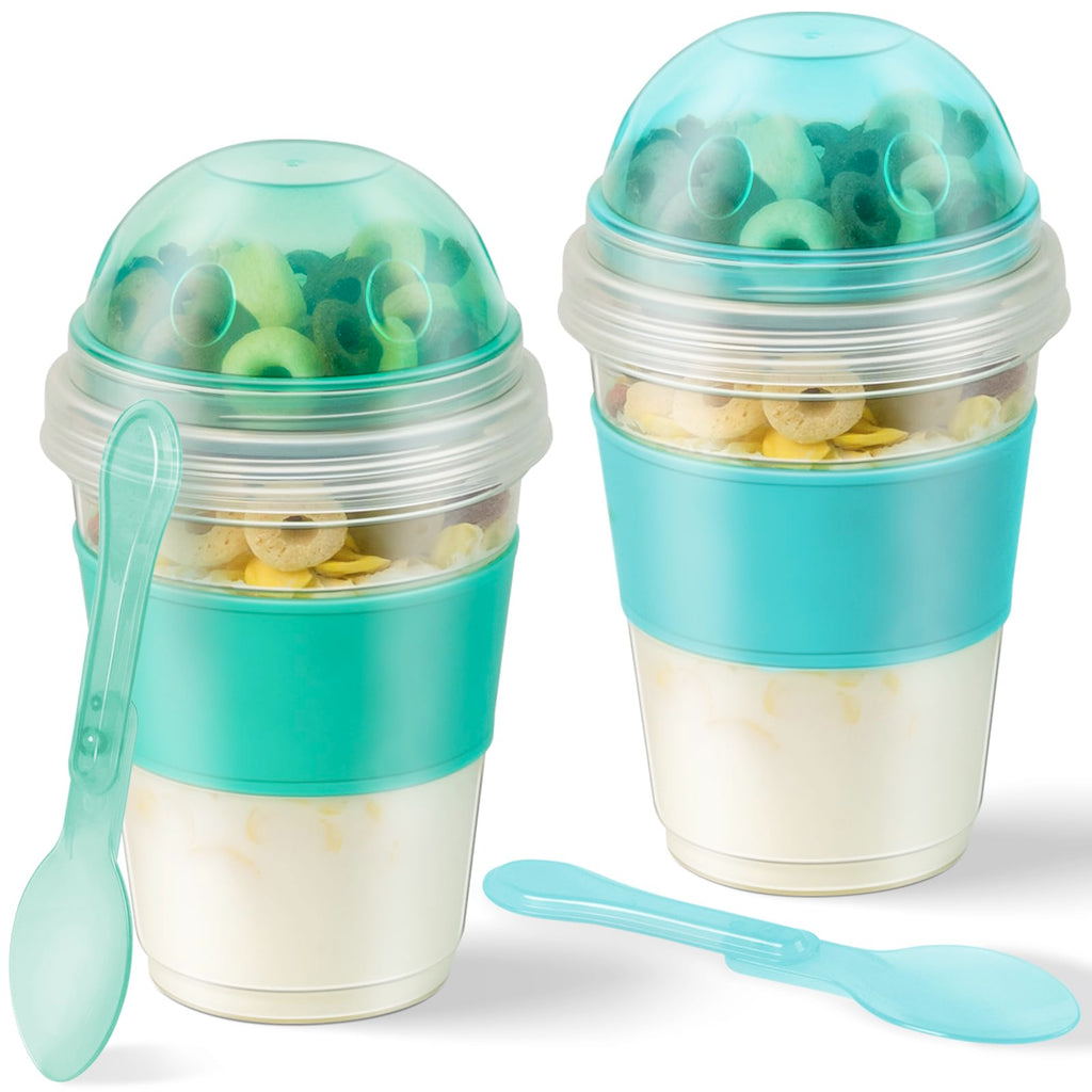 Freshmage Yogurt Parfait Cups with Lids, 2 Pack 20 oz Reusable Overnight Oats Containers with Lids, Topping Compartment & Spoon to Go for Breakfast Meal Prep, Portable & Lightweight (Blue&Green)