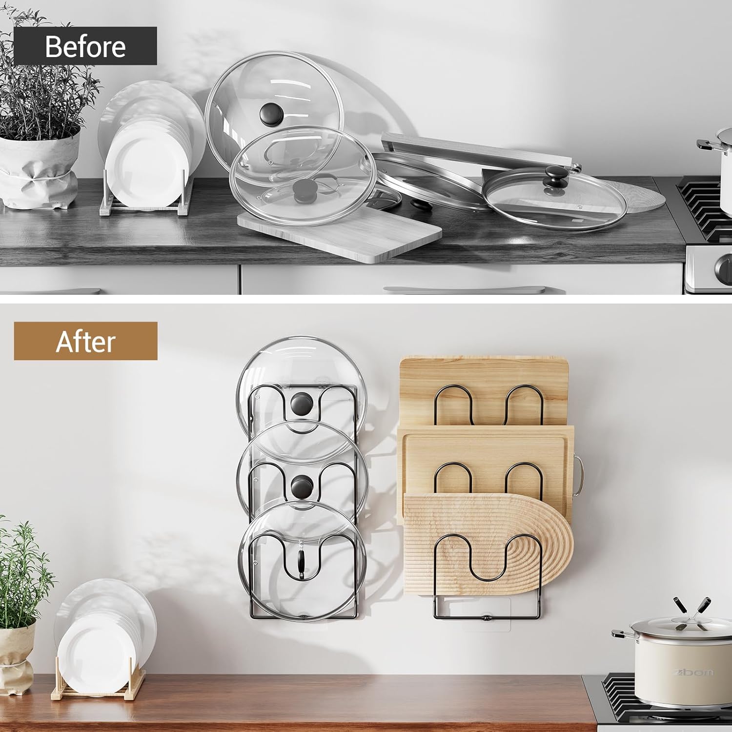 ORDORA 2 Pack Pot Lid Organizer Rack for Cabinet Door, 6-Tier Pot Lid Holders inside Cabinet, No Drilling Adhesive Wall Door Mounted Rustproof Pots and Pans Cover Organizers for Kitchen Storage, Black