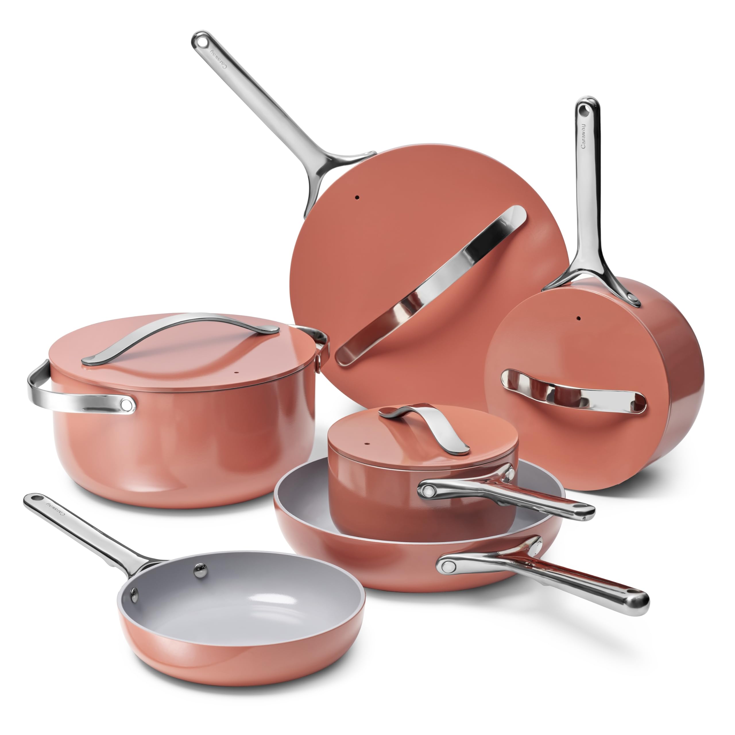 Caraway Non-stick Ceramic Cookware Set (12 Piece) Pots, Pans, Lids and Kitchen Storage - PFAS & PFOA Free - Oven Safe Pan Set & Compatible with All Stovetops - Cream