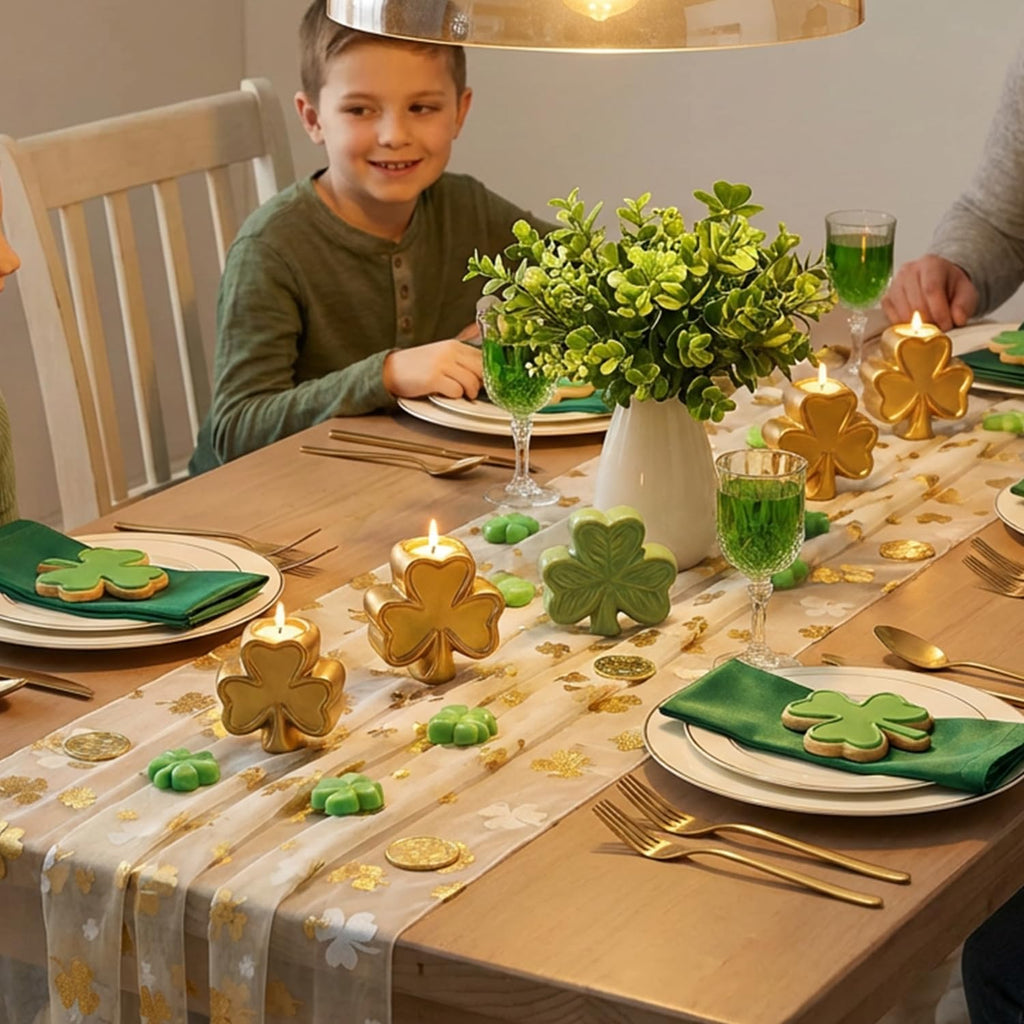 Artoid Mode Gauze Green Shamrocks St.Patrick's Day Table Runner 120 Inch 10FT,Seasonal Sheer Dining Holiday Baby Shower Table Decor for Home Party