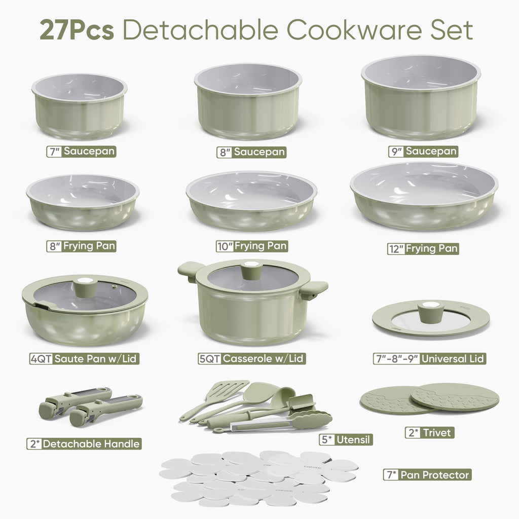 CAROTE 27pcs Ceramic Cookware Set Nonstick, Pots and Pans Set Non Stick, Non Toxic Cookware Detachable Handles, Dishwasher/Oven Safe, RV/Camping Cookware, Pan and Pot with Kitchen Utensils, Navy Blue
