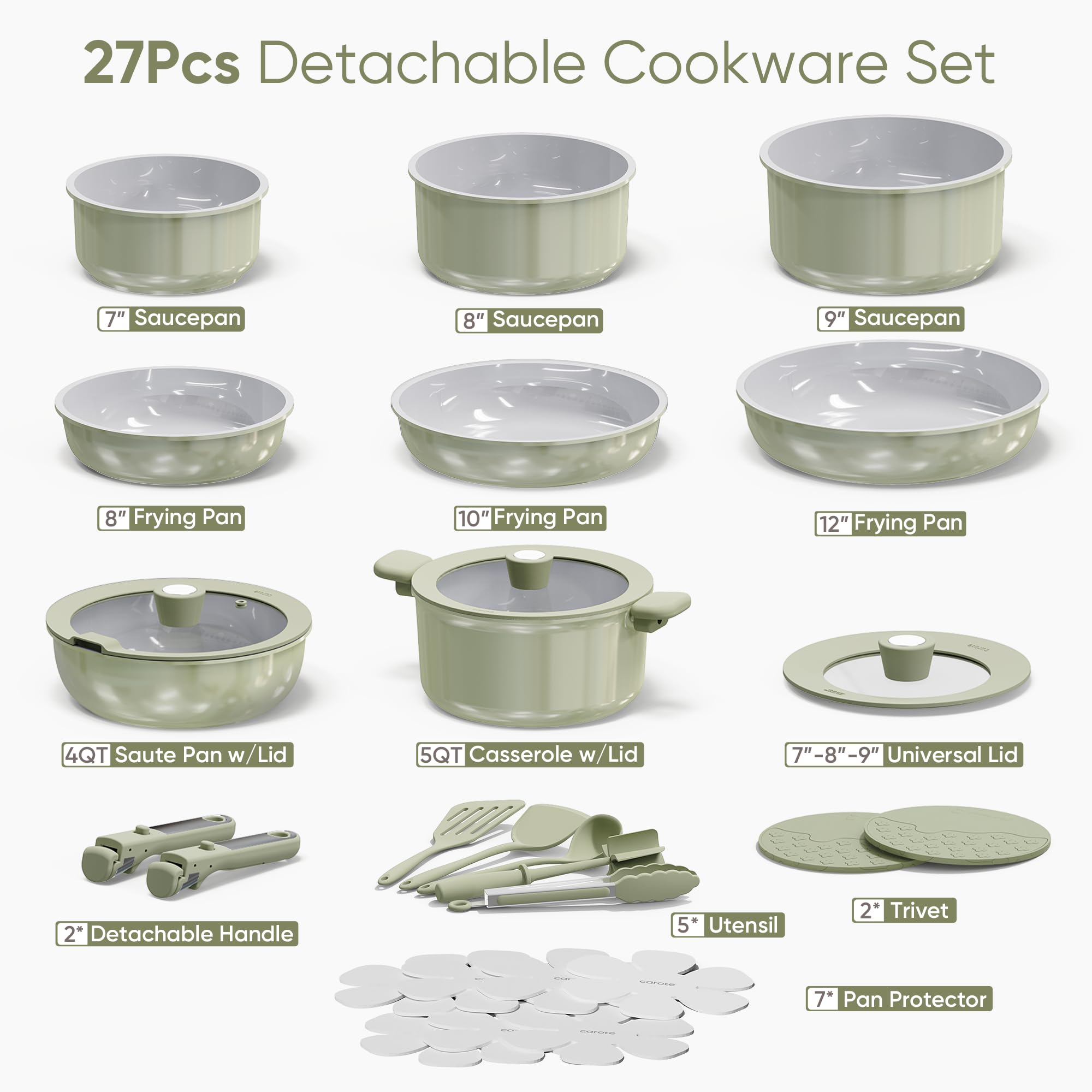 CAROTE 27pcs Ceramic Cookware Set Nonstick, Pots and Pans Set Non Stick, Non Toxic Cookware Detachable Handles, Dishwasher/Oven Safe, RV/Camping Cookware, Pan and Pot with Kitchen Utensils, Navy Blue