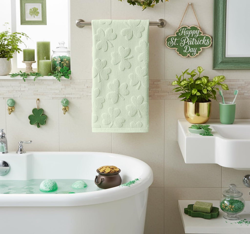 Artoid Mode 2 Pcs Dark Green 3D Shamrock Jacquard Patrick Hand Towels for Bathroom, 100% Cotton Soft Absorbent Bathroom Decor Towels, 13.7 x 29.5 Inch