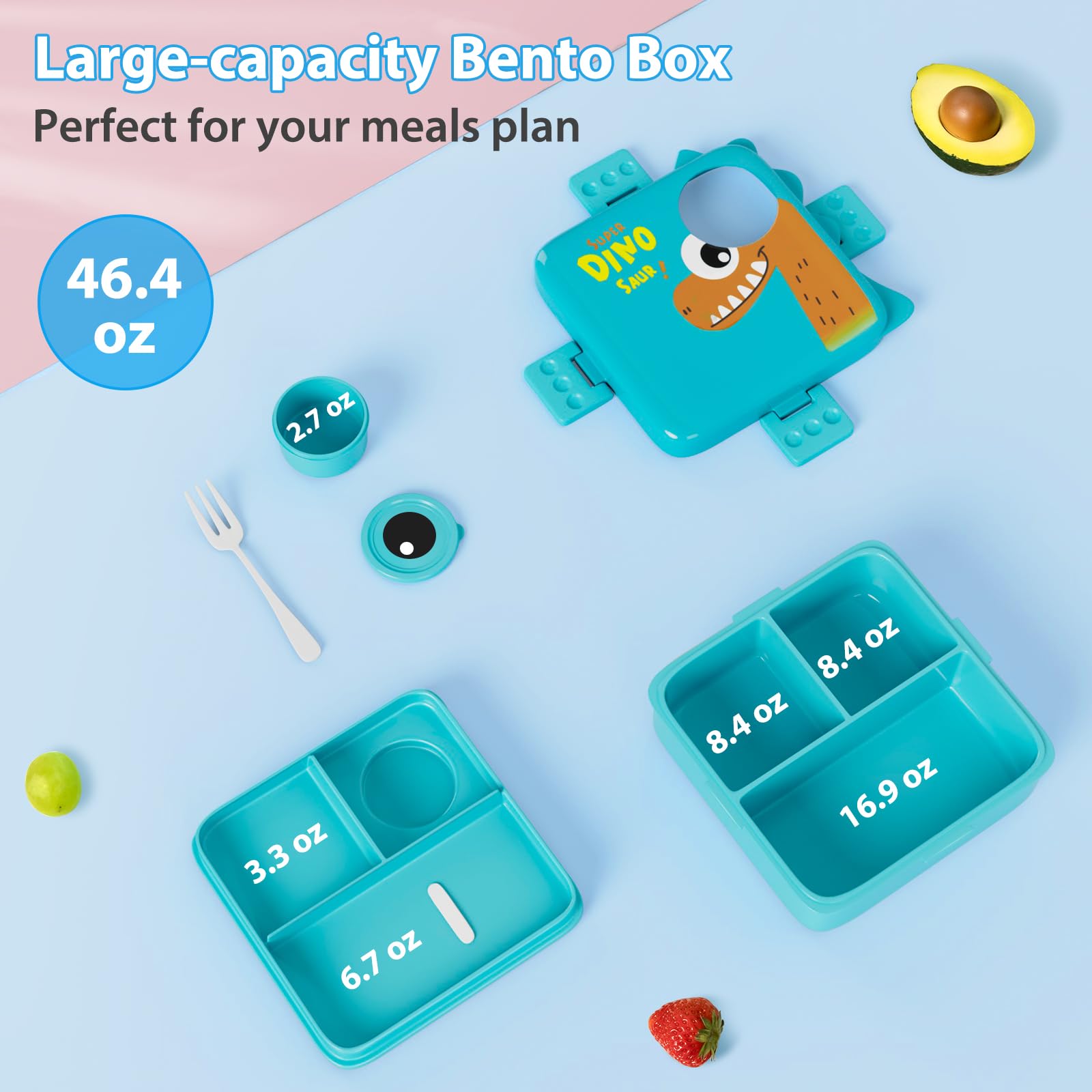 Freshmage Plastic Double-Layer Bento Box Container with 3 Compartments, Large Capacity Leakproof and BPA Free Bento Lunch Box, Durable,Drop-Proof, Dishwasher and Microwave Safe, Blue