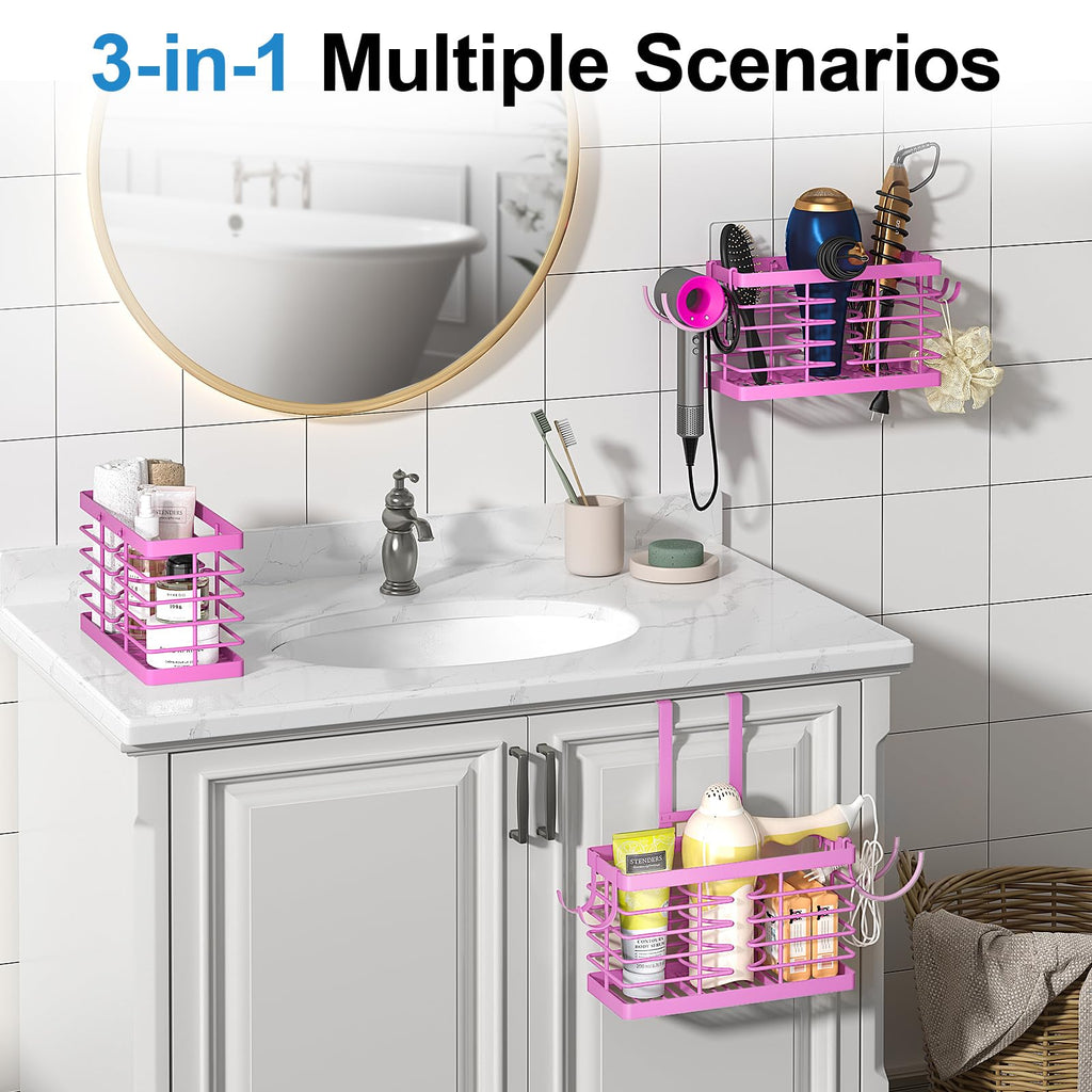 Hair Tool Organizer, 2026 Upgraded 3-in-1 Universal Hair Dryer Holder, Adjustable Height Metal Blow Dryer Holder Wall Mounted/Over Cabinet Door/Free-Standing (Black)