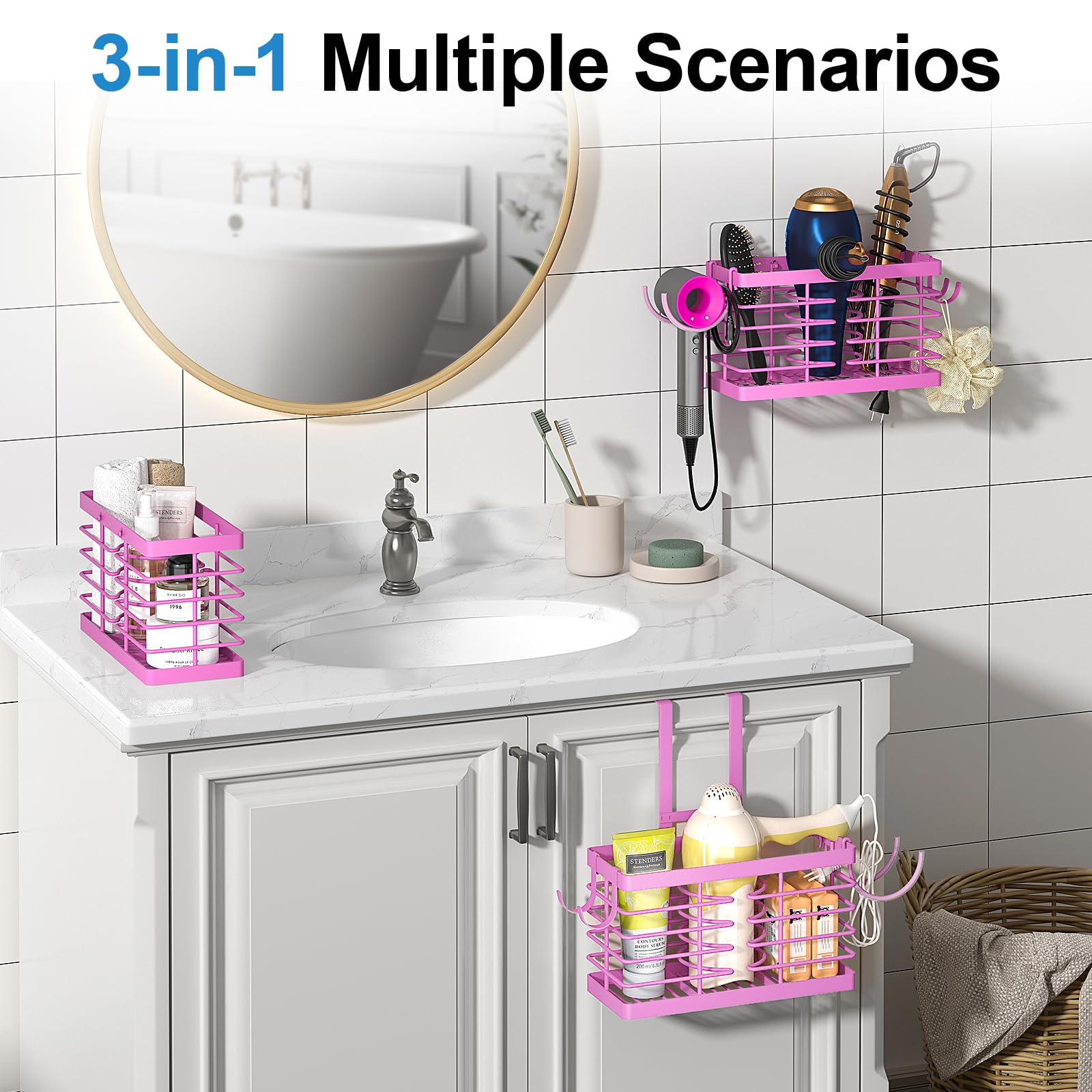 Hair Tool Organizer, 2026 Upgraded 3-in-1 Universal Hair Dryer Holder, Adjustable Height Metal Blow Dryer Holder Wall Mounted/Over Cabinet Door/Free-Standing (Black)