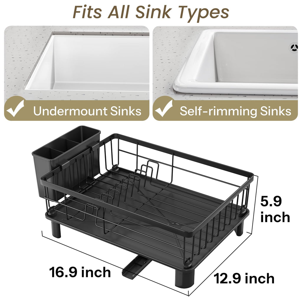 SNTD Dish Drying Rack - Small Dish Rack for Kitchen Counter, Stainless Steel Dish Drainer with Utensil Holder and Drainboard, 11" W x 15" L (Black)