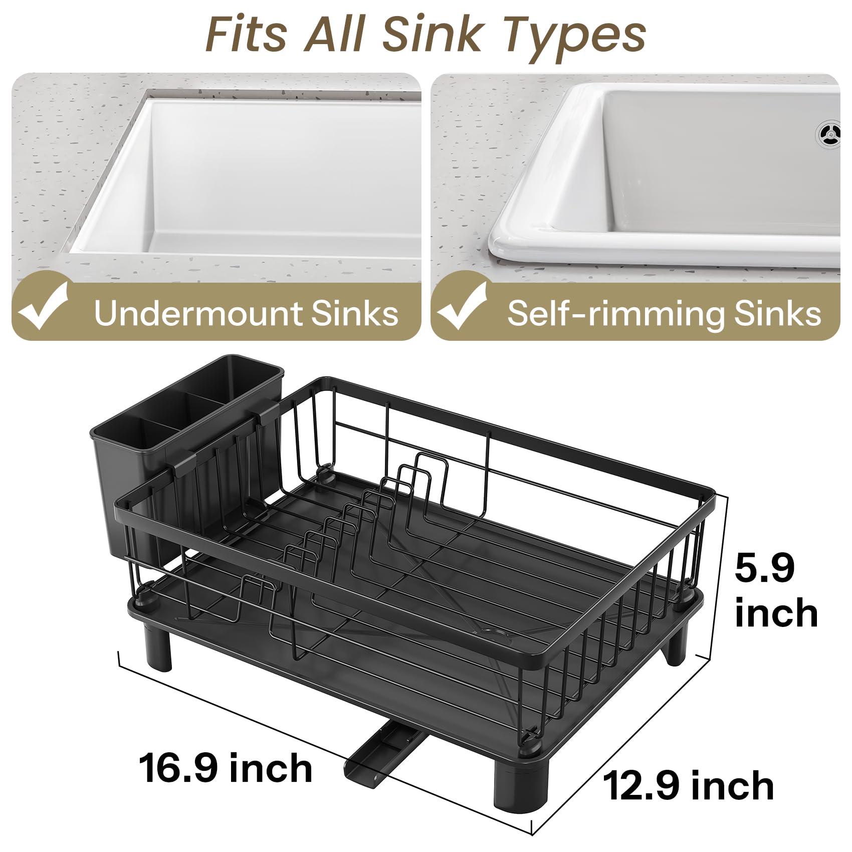 SNTD Dish Drying Rack - Small Dish Rack for Kitchen Counter, Stainless Steel Dish Drainer with Utensil Holder and Drainboard, 11" W x 15" L (Black)