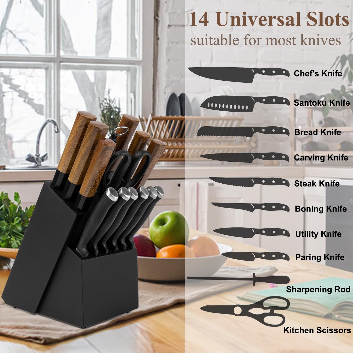 RedCall Universal Knife Block Holder,Large Wood Bamboo Knife Block without Knives,14 Slot Universal Knife Holder Countertop,Butcher Block Knife Storage Organizer for Kitchen (Brown)