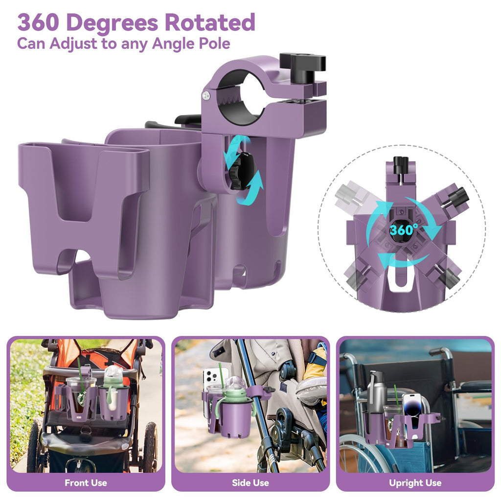 KDD Stroller Cup Holder with Phone Holder, 3-in-1 Removable Bottle Holder, 360 Degrees Rotation Drink Holder for Wheelchair, Stroller, Bike, Walker, Scooter, Bicycle, Uppababy, Bugaboo, Britax