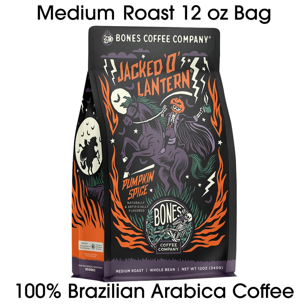 Bones Coffee Company Salted Caramel Flavored Coffee, Medium Roast Low Acid Arabica Beans Compatible with Auto drip and French Press Coffee Maker, 12 Oz Whole Bean