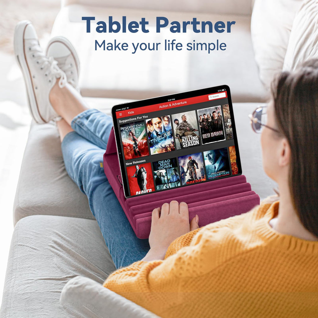 KDD Tablet Pillow Holder, Foldable iPad Stand for Lap, Bed and Desk -Tablet Soft Pad Dock with Pocket & Stylus Mount Compatible with iPad Pro 12.9, 10.5, 9.7 Air Mini 6 5 4 3, Galaxy Tab,E-Reader