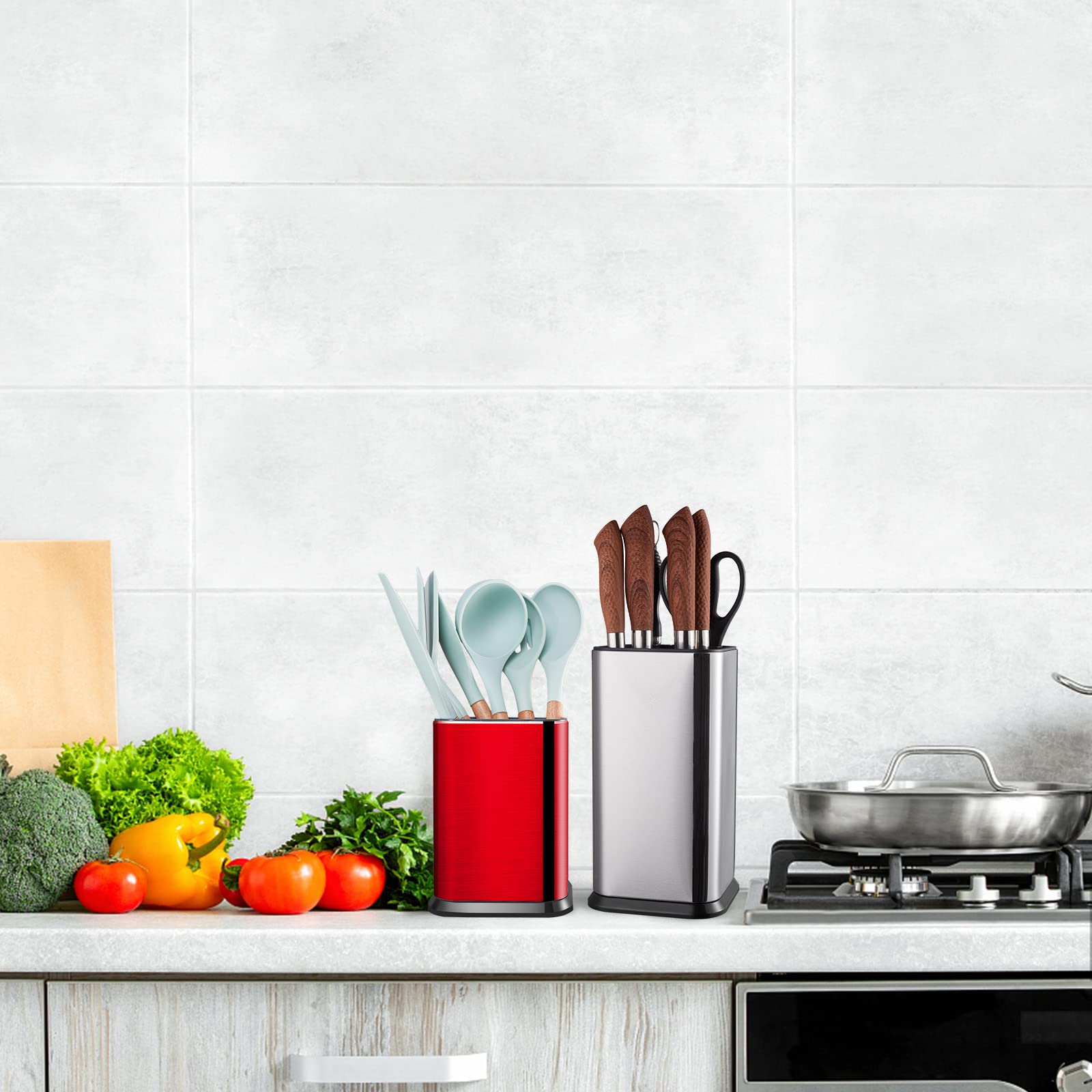 RedCall Stainless Steel Kitchen Utensil Holder for Countertop, Spoon Spatula Organizer,Modern Rectangular Large Cooking Utensil Caddy Counter,Utensil Crock Silver