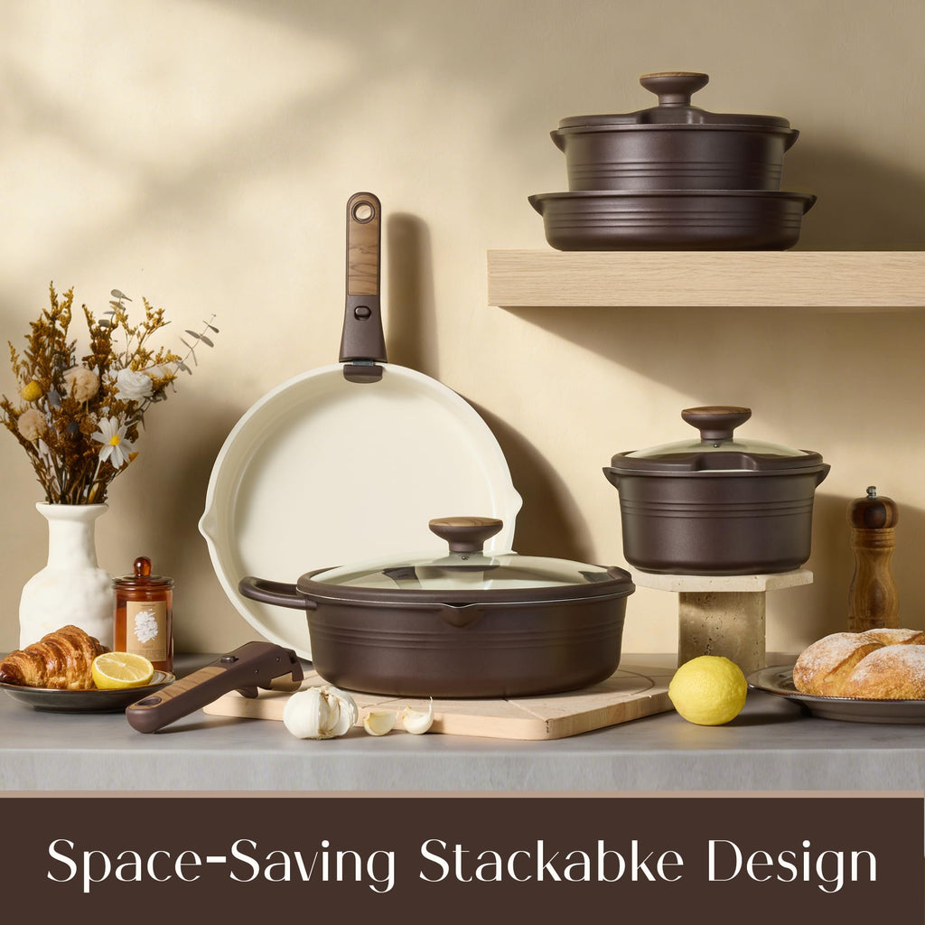 CAROTE 20Pcs Titanium Cookware Set, Pots and Pans Set Non Stick, Kitchen Cooking Set with Detachable Handle, Non Toxic Induction Cookware, Dishwasher/Oven Safe