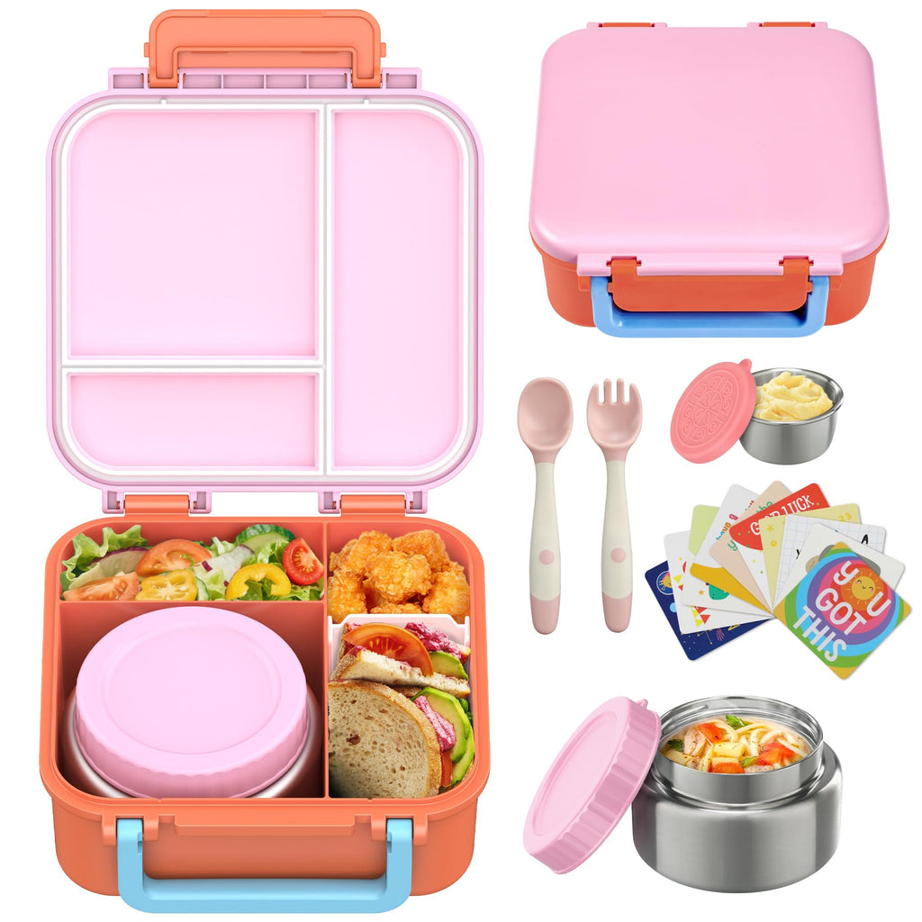 Kids Bento Lunch Box with 9oz Soup Thermo Leakproof Lunch Food Containers 4 Compartment with Insulated Hot Food Jar for Kid Toddler Girls Boys to School Trvael