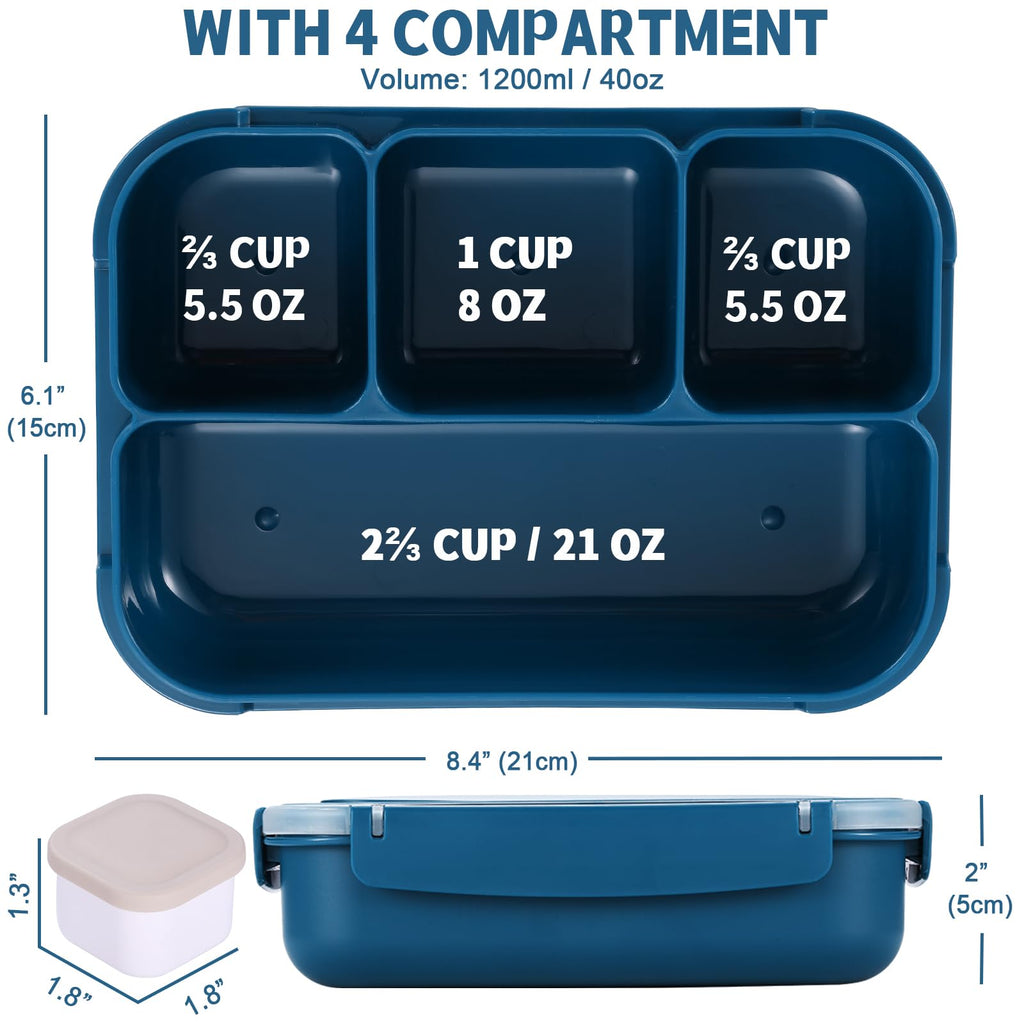 Bento Box Adult Lunch Box, Containers for Adults Men Women with 4 Compartments, Lunchable Food Container with Utensils, Sauce Jar, Muffin Liners, 40 Oz/5 Cup, Microwave & Dishwasher Safe, Brown