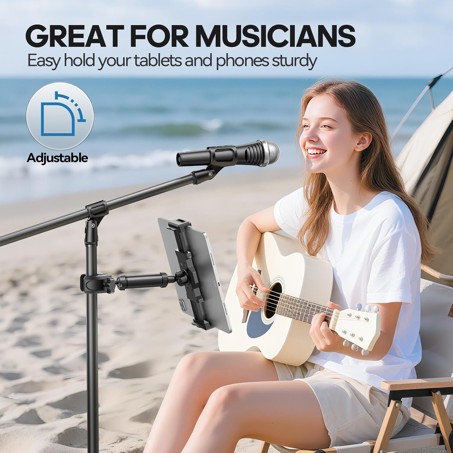KDD iPad Holder for Mic Stand, Adjustable Tablet & Phone Mount for Microphone Music Stand, Fitness Bike Handlebar Bracket, Fit for iPad Pro 12.9, Air, Mini, Galaxy Tabs, iPhone(4.7-13”)