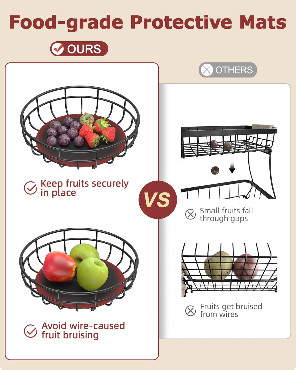 2 Tier Large Fruit Basket for Kitchen Counter with Removable Banana Hanger - Sturdy Iron Fruit Bowl for Kitchen Counter and Vegetable Holder, Fruit Holder for Kitchen Countertop, Black