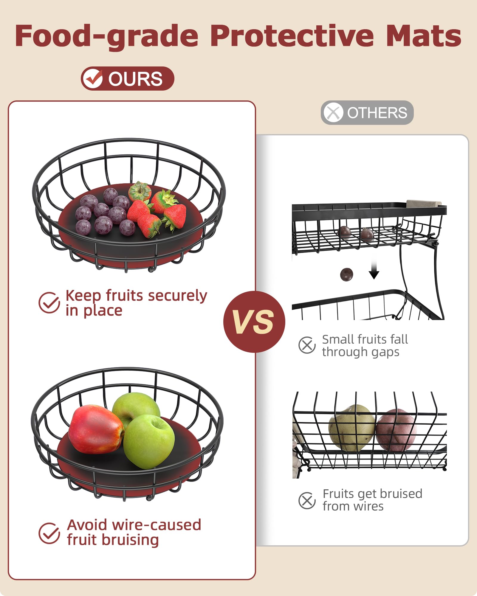 2 Tier Large Fruit Basket for Kitchen Counter with Removable Banana Hanger - Sturdy Iron Fruit Bowl for Kitchen Counter and Vegetable Holder, Fruit Holder for Kitchen Countertop, Black