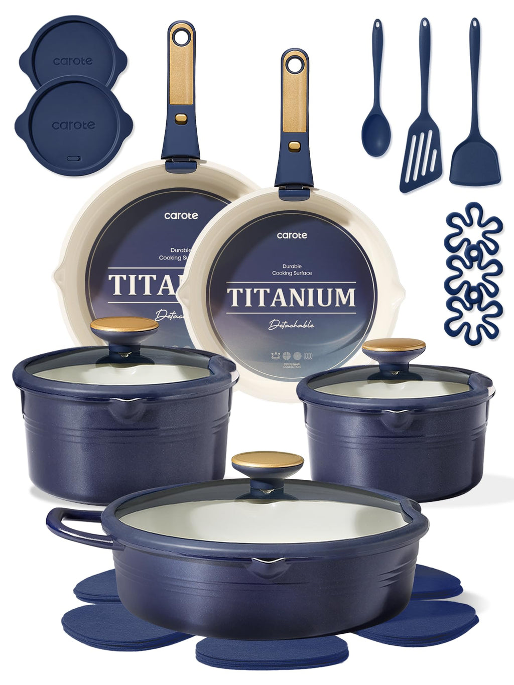 CAROTE 20Pcs Titanium Cookware Set, Pots and Pans Set Non Stick, Kitchen Cooking Set with Detachable Handle, Non Toxic Induction Cookware, Dishwasher/Oven Safe